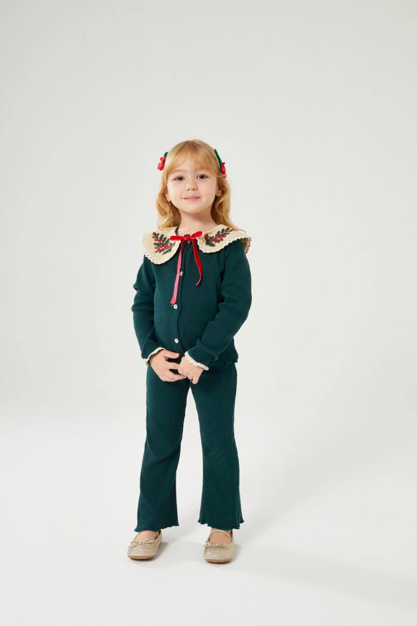 Yılbaşı Nakış Detaylı Triko Kız Çocuk Hırka ve Tayt Takım-Petrol Yeşili