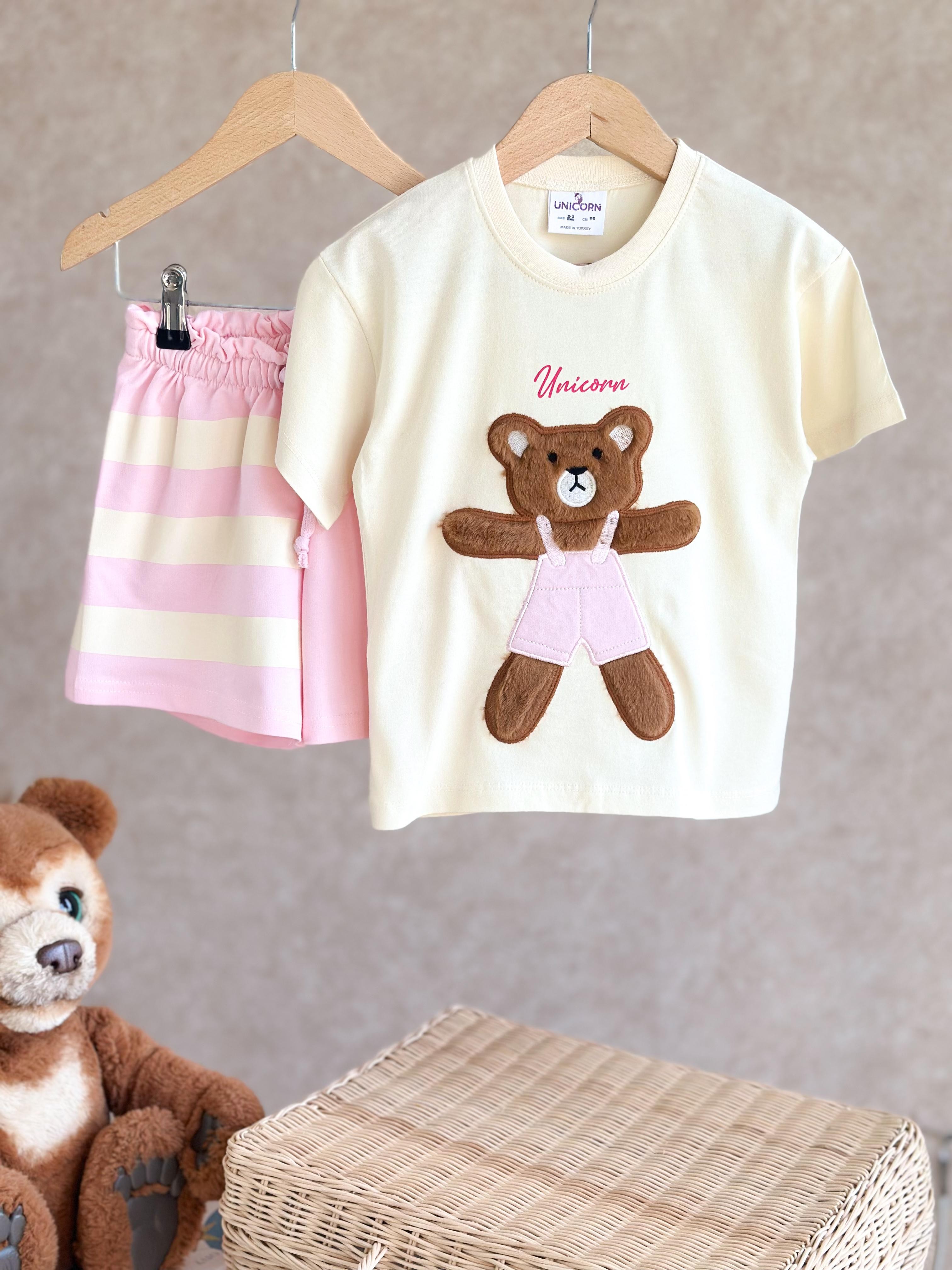 TEDDY BEAR Peluş Detay T-Shirt ve Şort Takım-Pembe