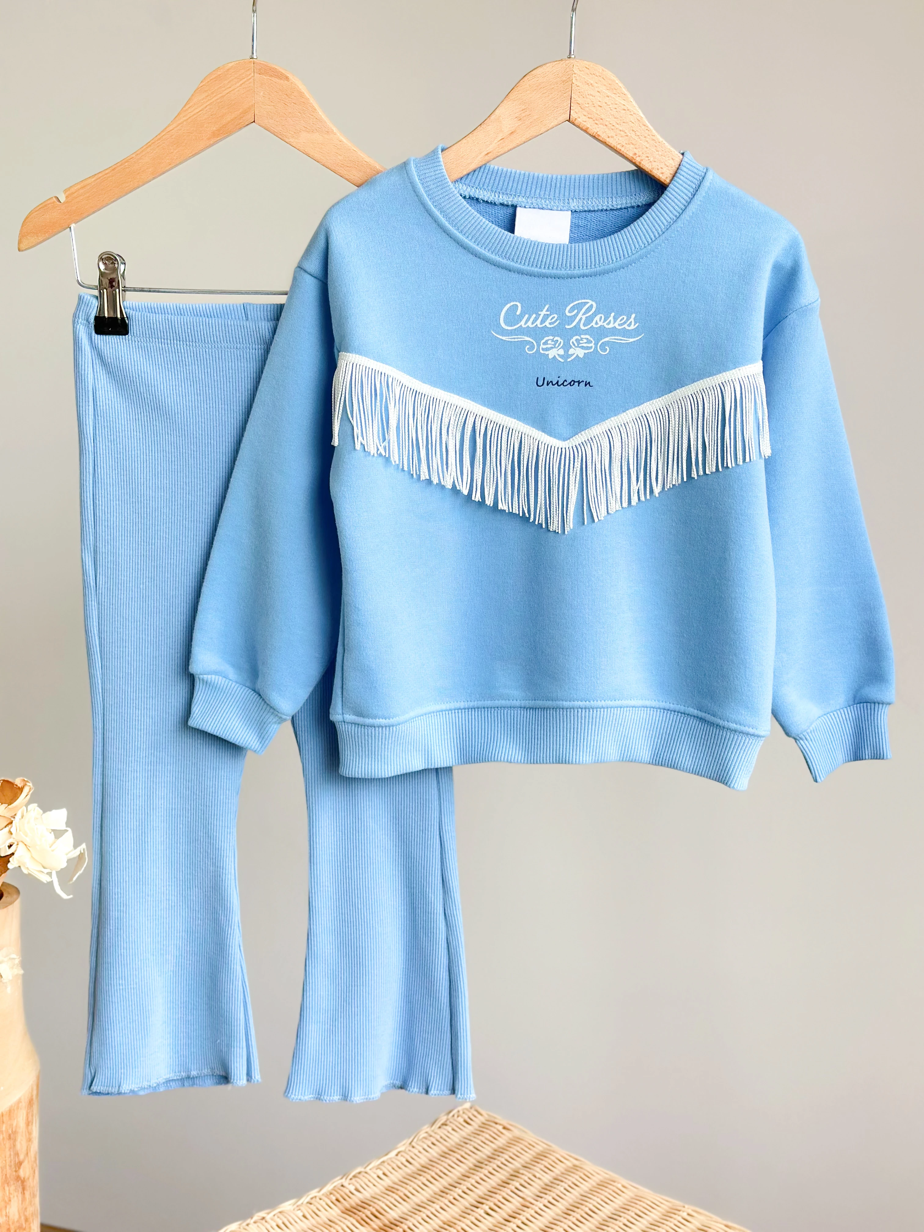 DONELLA Babyblue Püskül Detaylı Sweatshirt ve İspanyol Paça Tayt Takım 
