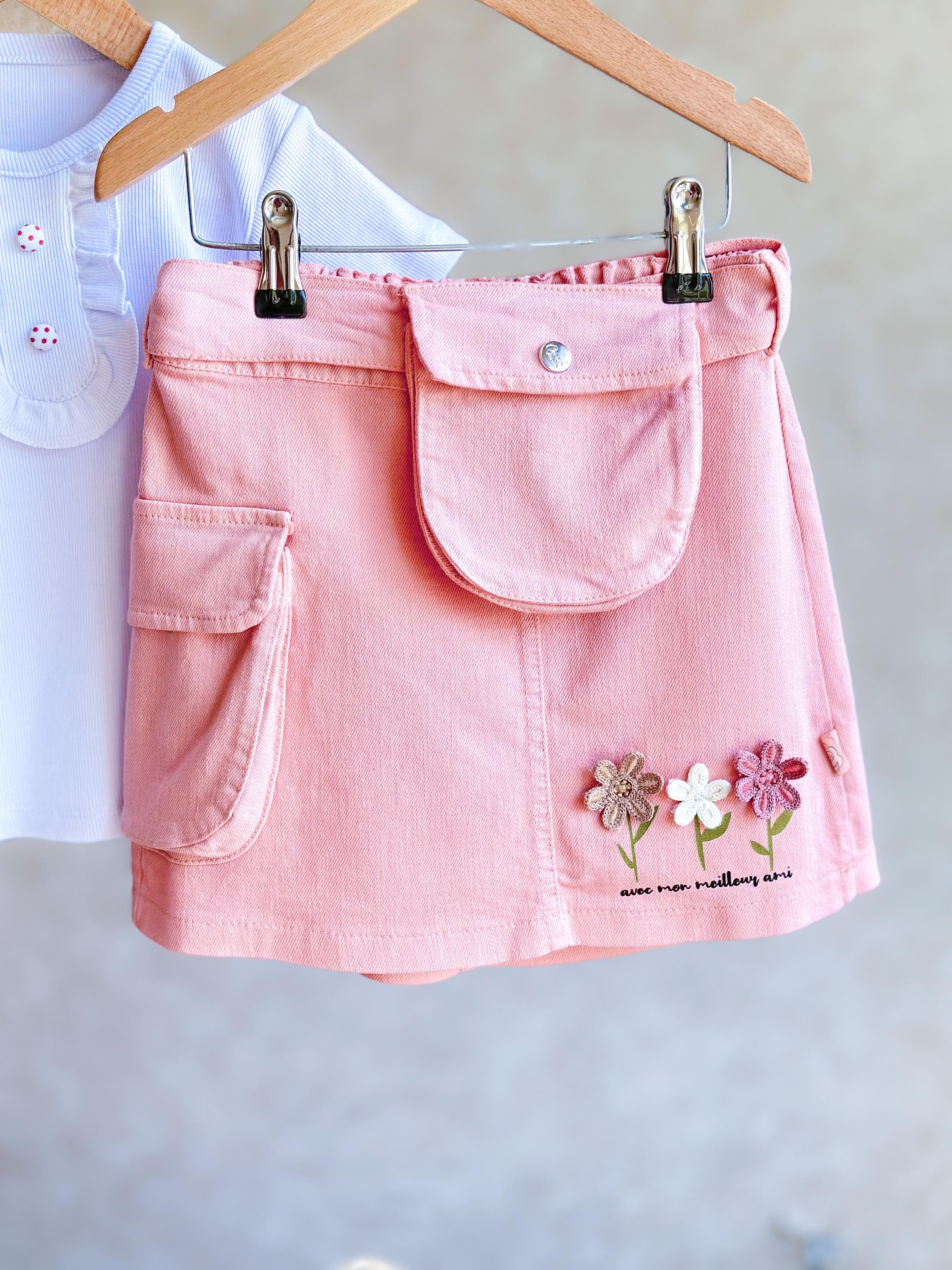 Çanta Detaylı 3 Boyutlu Denim Etek ve T-Shirt Kız Çocuk Takım