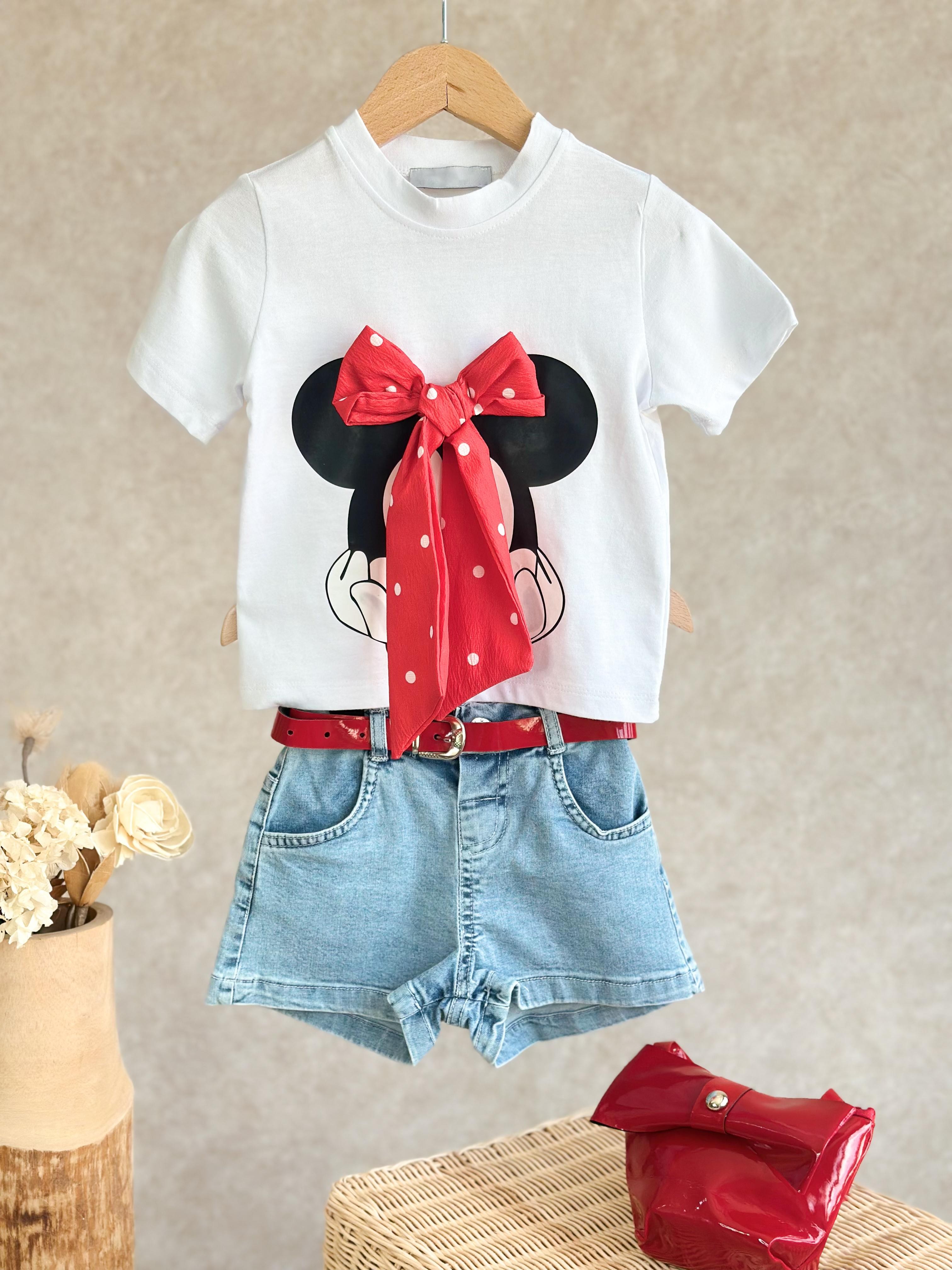 Fiyonk Detay T-Shirt ve Kemerli Kot Şort Takım-RUGAN ÇANTA HEDİYELİ