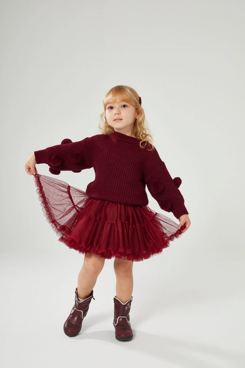 Ponponlu Triko ve Katkat Tül Etek-Bordo