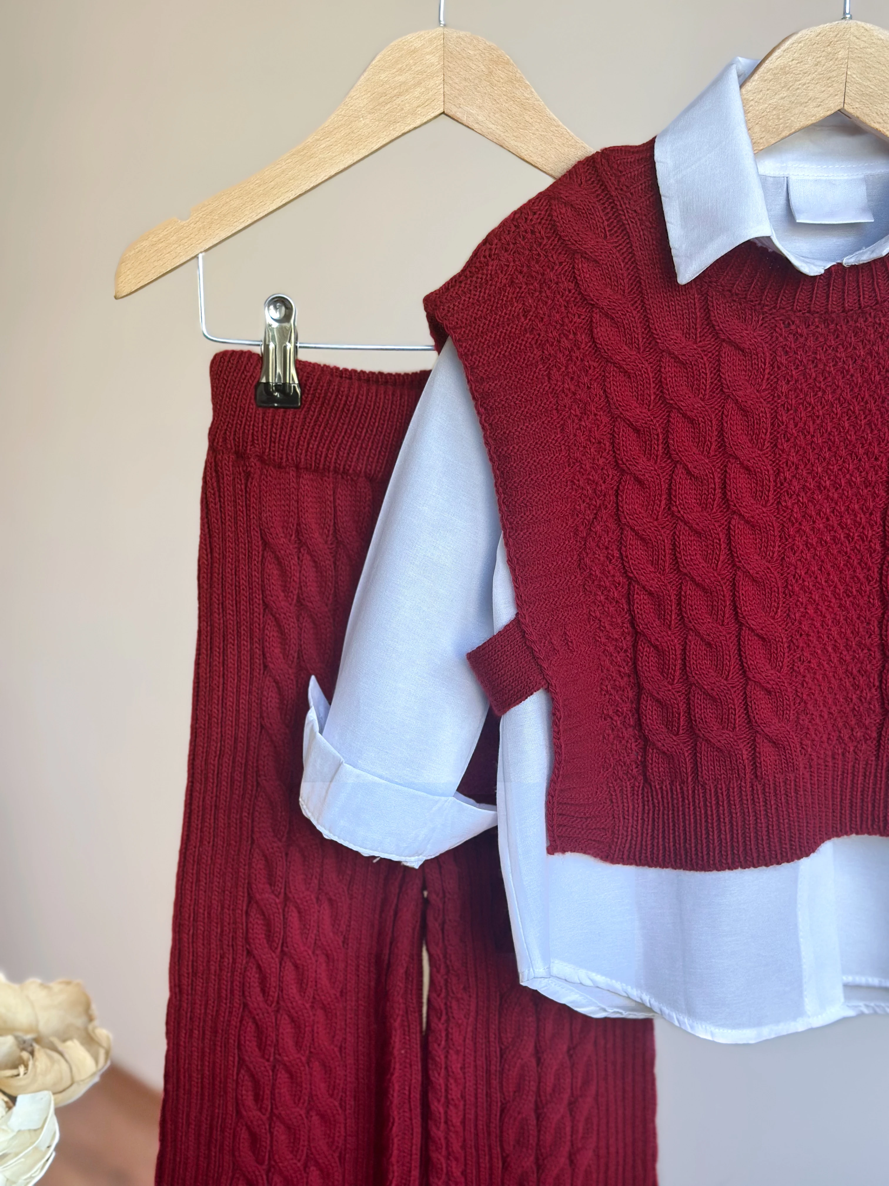 CHERRY LADY SARMAL Çizgi Detaylı Gerçek Gömlekli 3'lü Triko Kız Çocuk Takımı