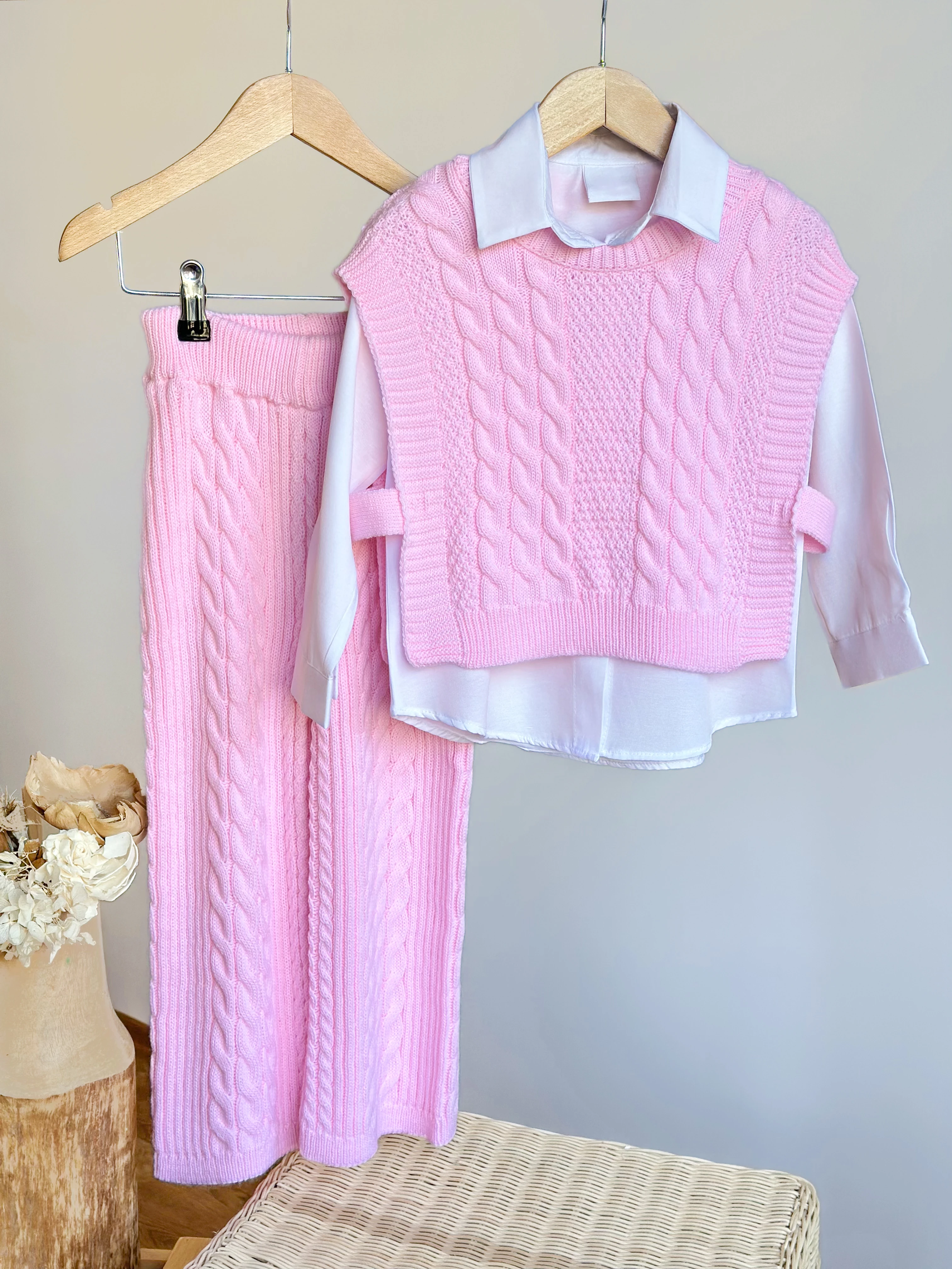 PINK LADY SARMAL Çizgi Detaylı Gerçek Gömlekli 3'lü Triko Kız Çocuk Takımı