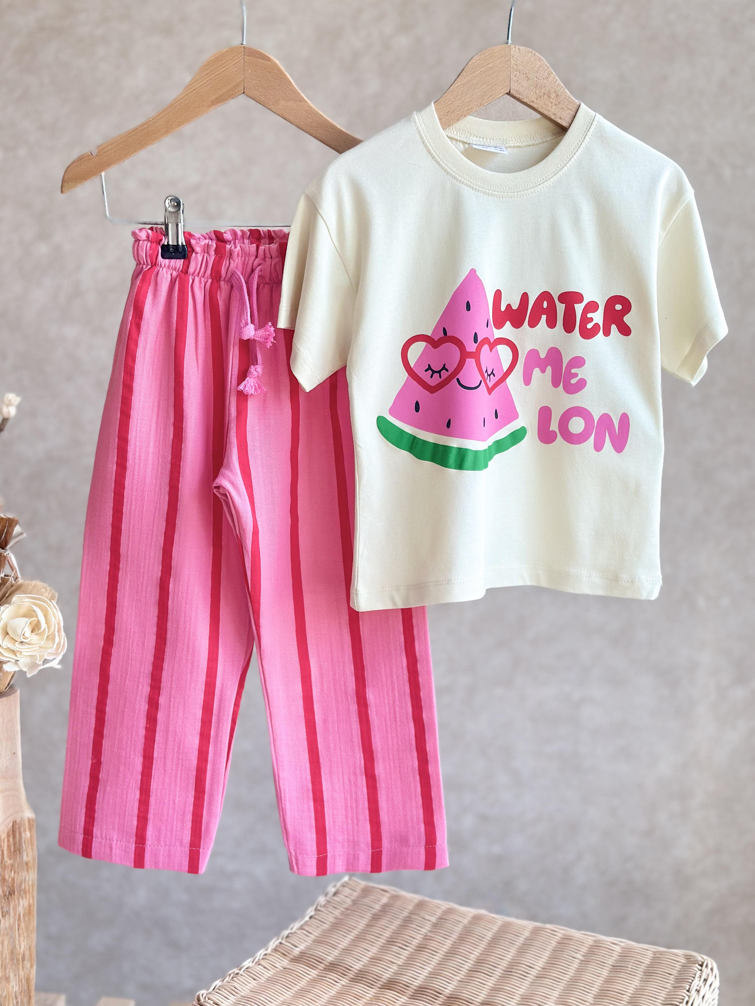 WATERMELON Kabartma Baskılı 3D T-Shirt ve Müslin Pantolon Takım