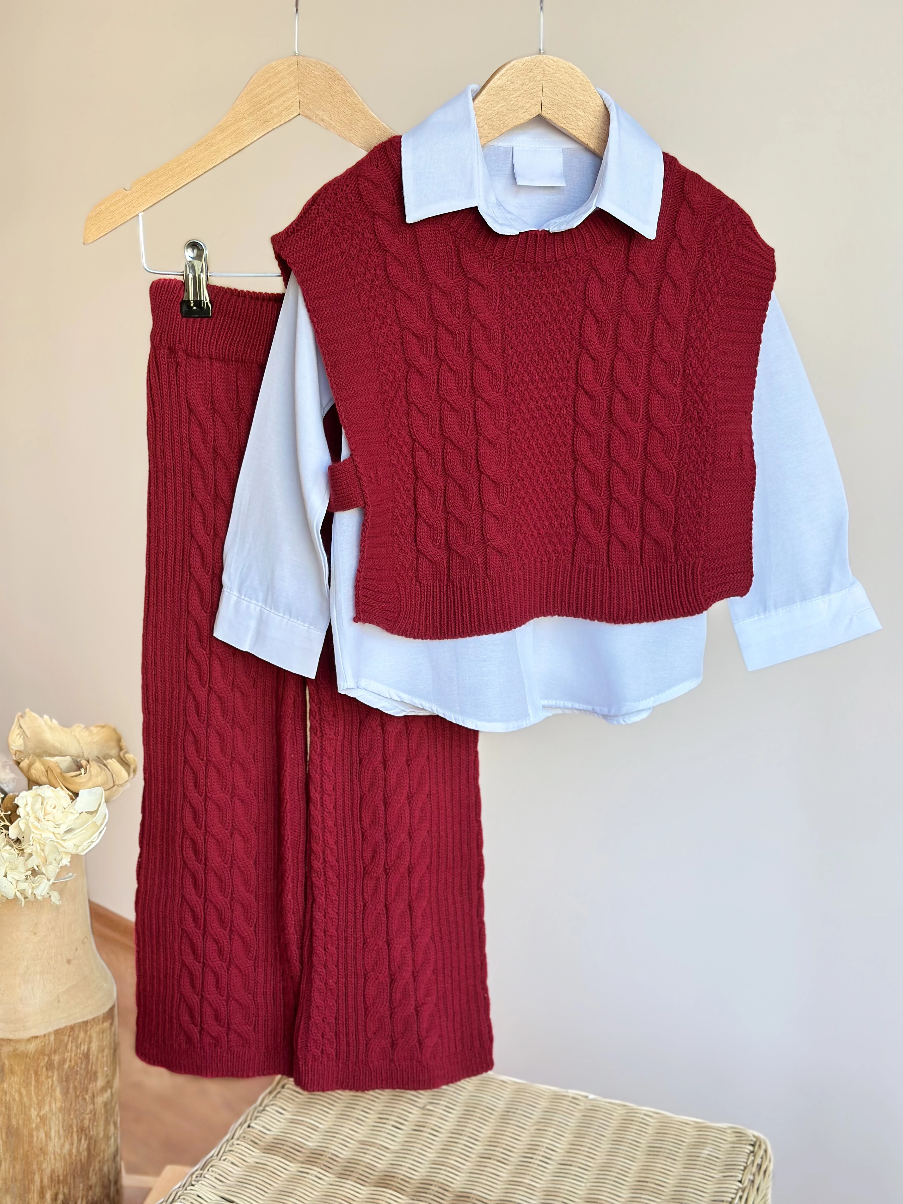 CHERRY LADY SARMAL Çizgi Detaylı Gerçek Gömlekli 3'lü Triko Kız Çocuk Takımı