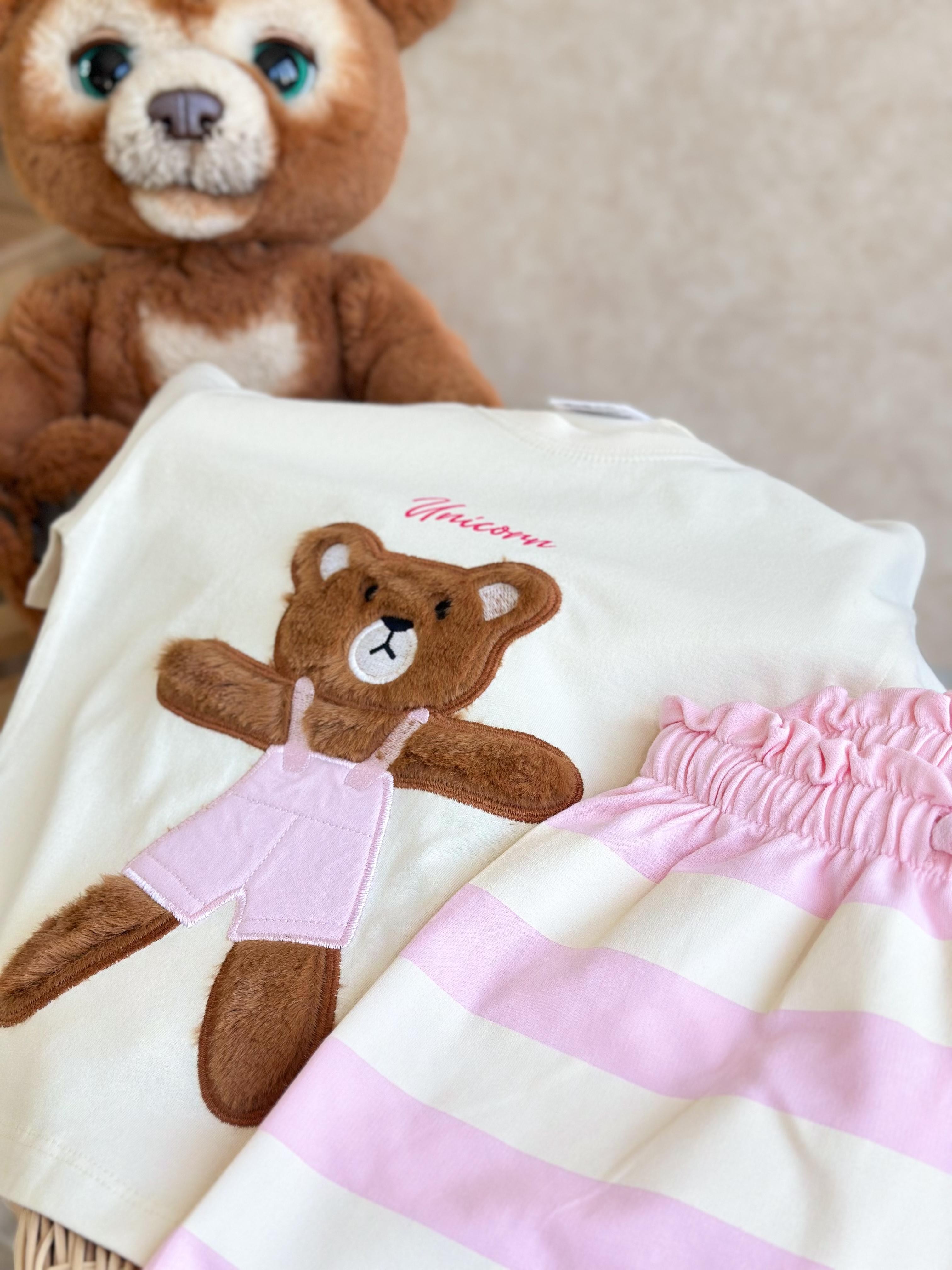 TEDDY BEAR Peluş Detay T-Shirt ve Şort Takım-Pembe