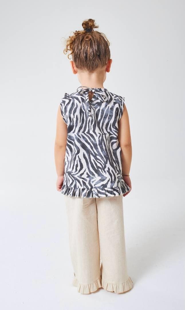 Zebra Desenli Bluz ve Keten Pantolon Takım