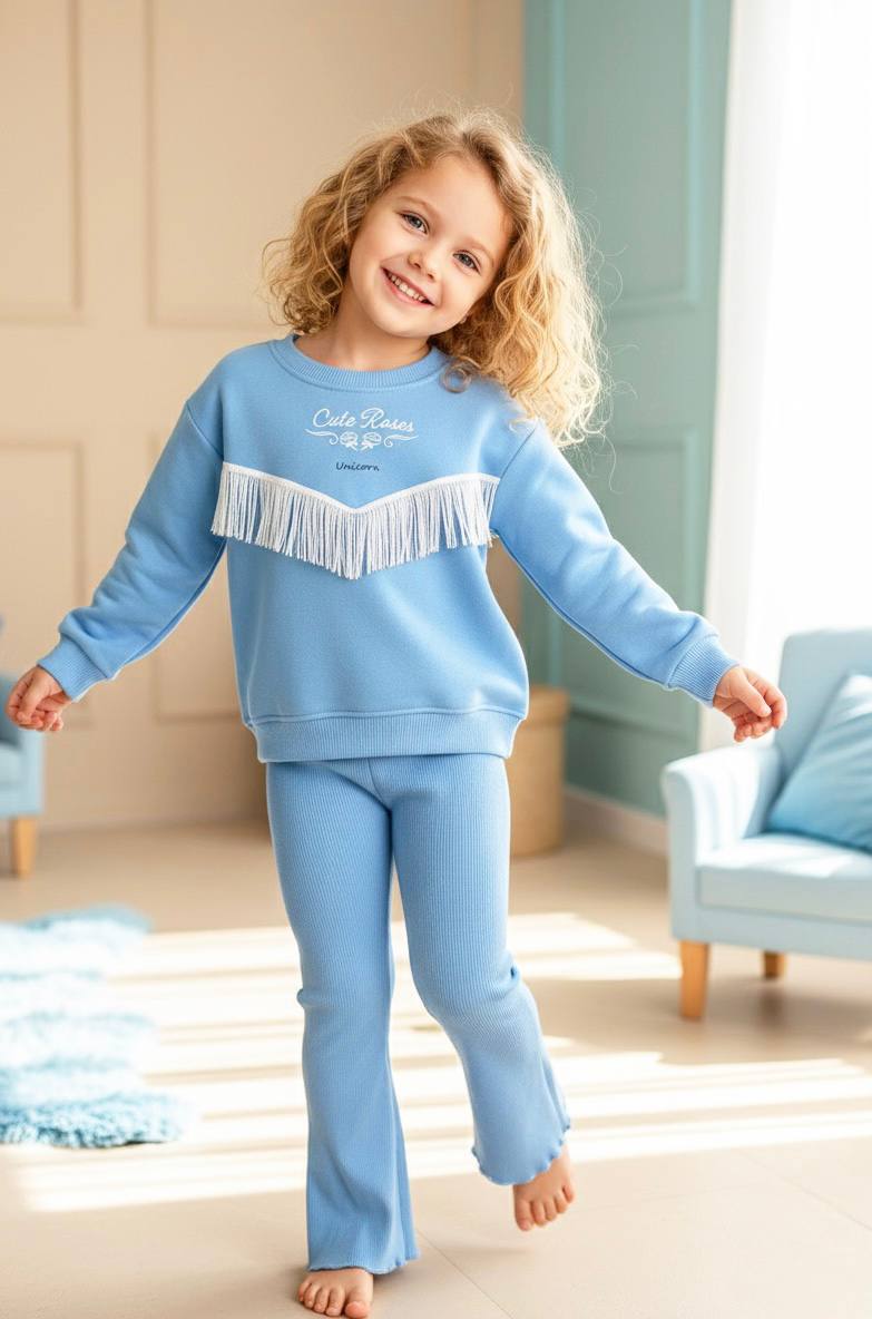 DONELLA Babyblue Püskül Detaylı Sweatshirt ve İspanyol Paça Tayt Takım 