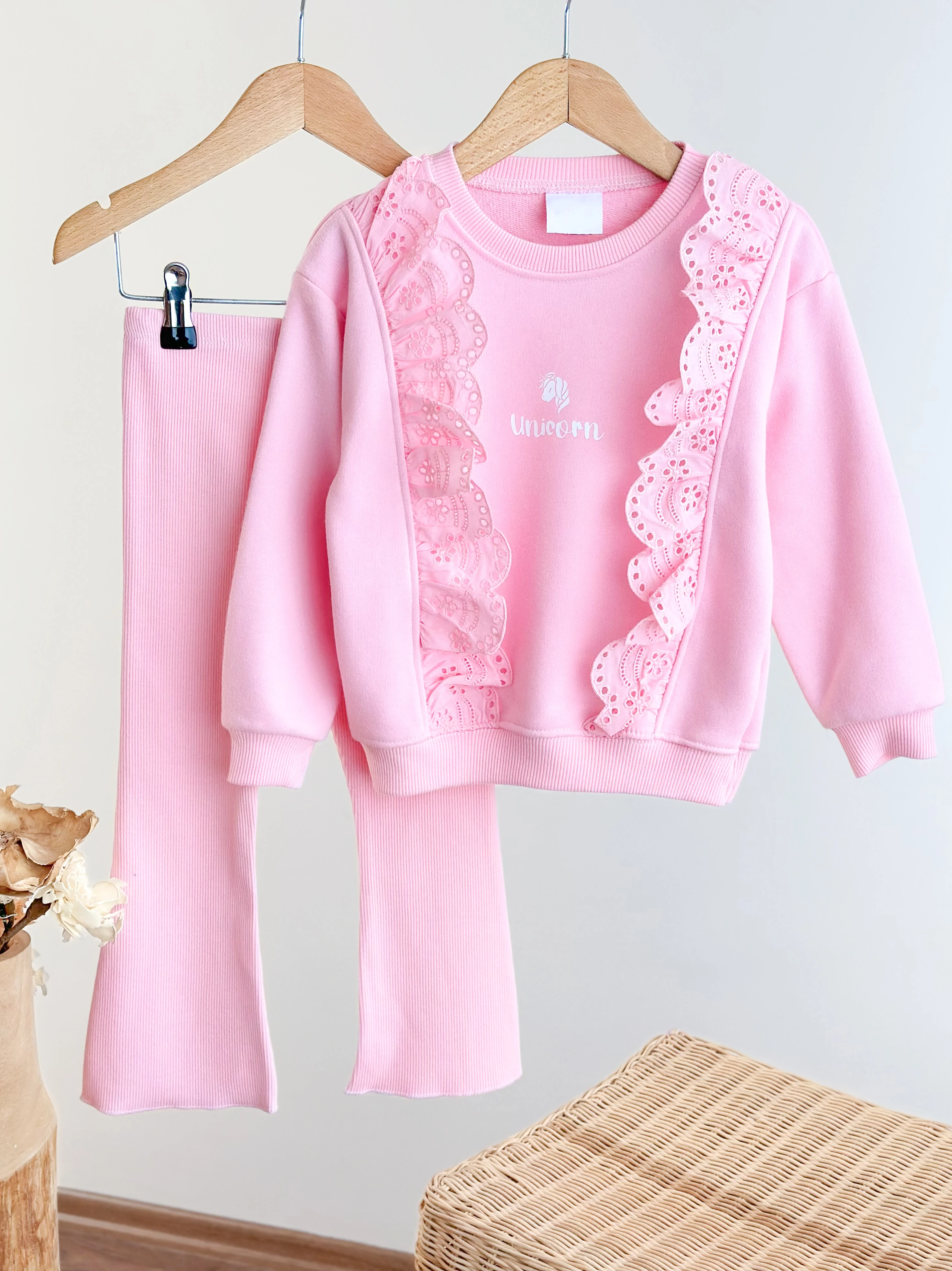 PİTTO PINK Fırfır Dantel Detaylı Sweatshirt ve Tayt Takım