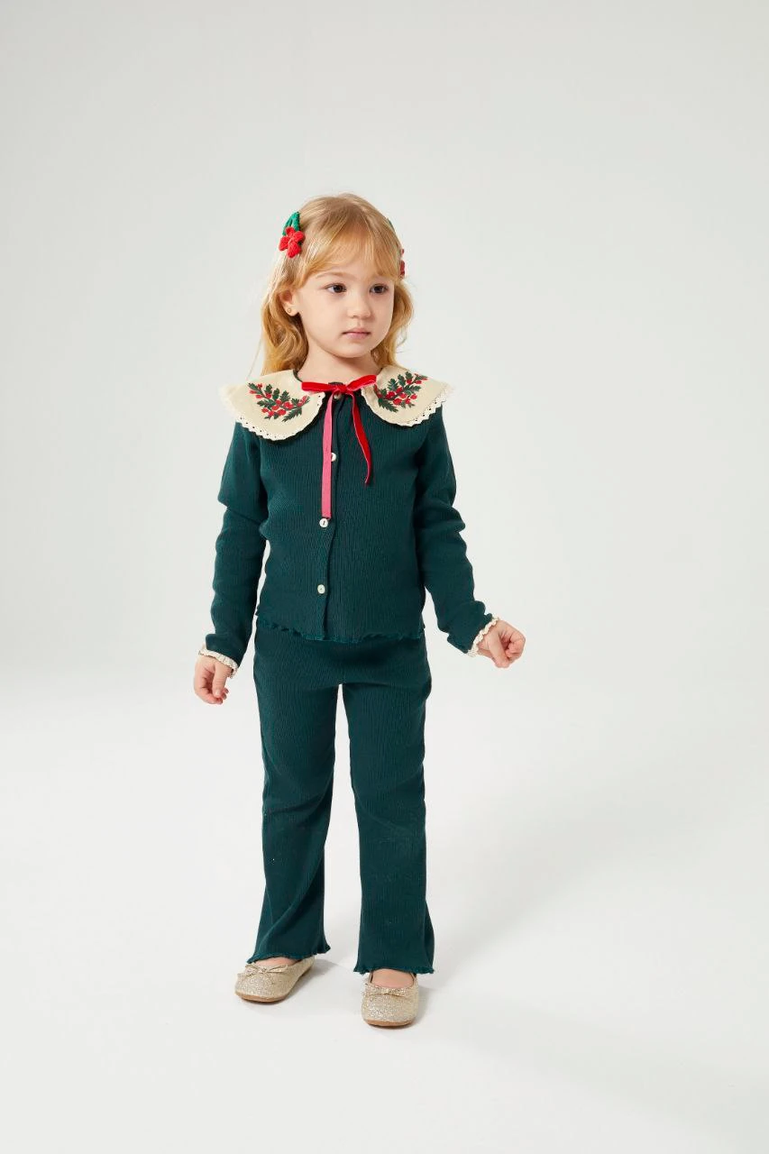 Yılbaşı Nakış Detaylı Triko Kız Çocuk Hırka ve Tayt Takım-Petrol Yeşili