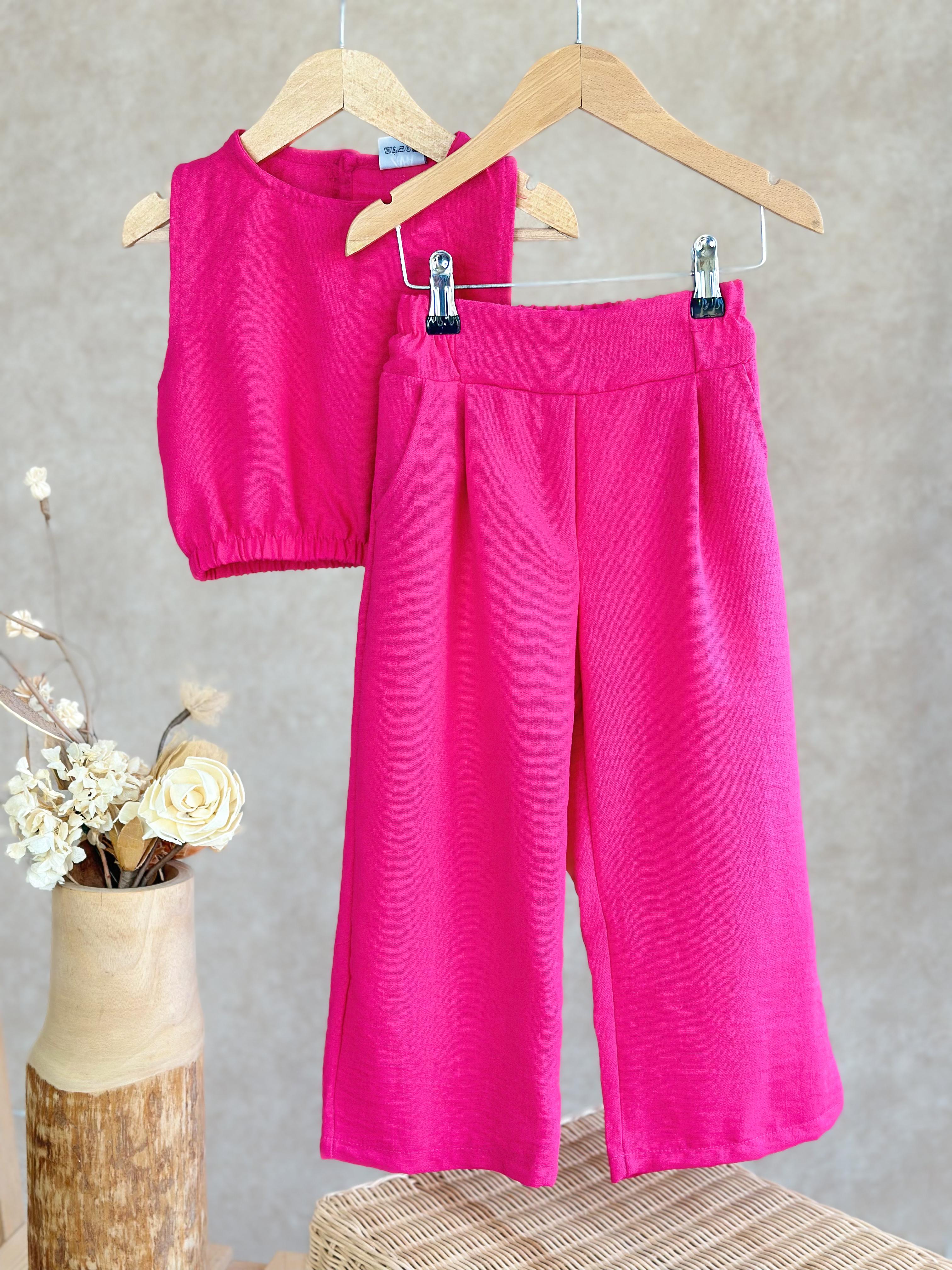 Crop Üst ve Pantolon Takım-Fuşya