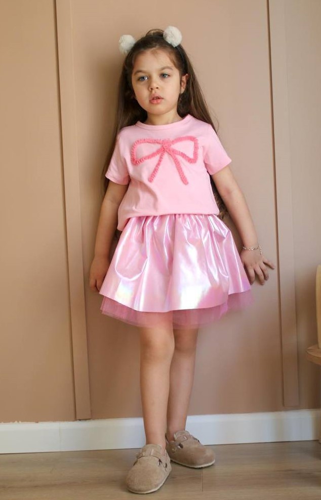 Fiyonk Detaylı Kız Çocuk T-Shirt ve Etek Takım-Pembe