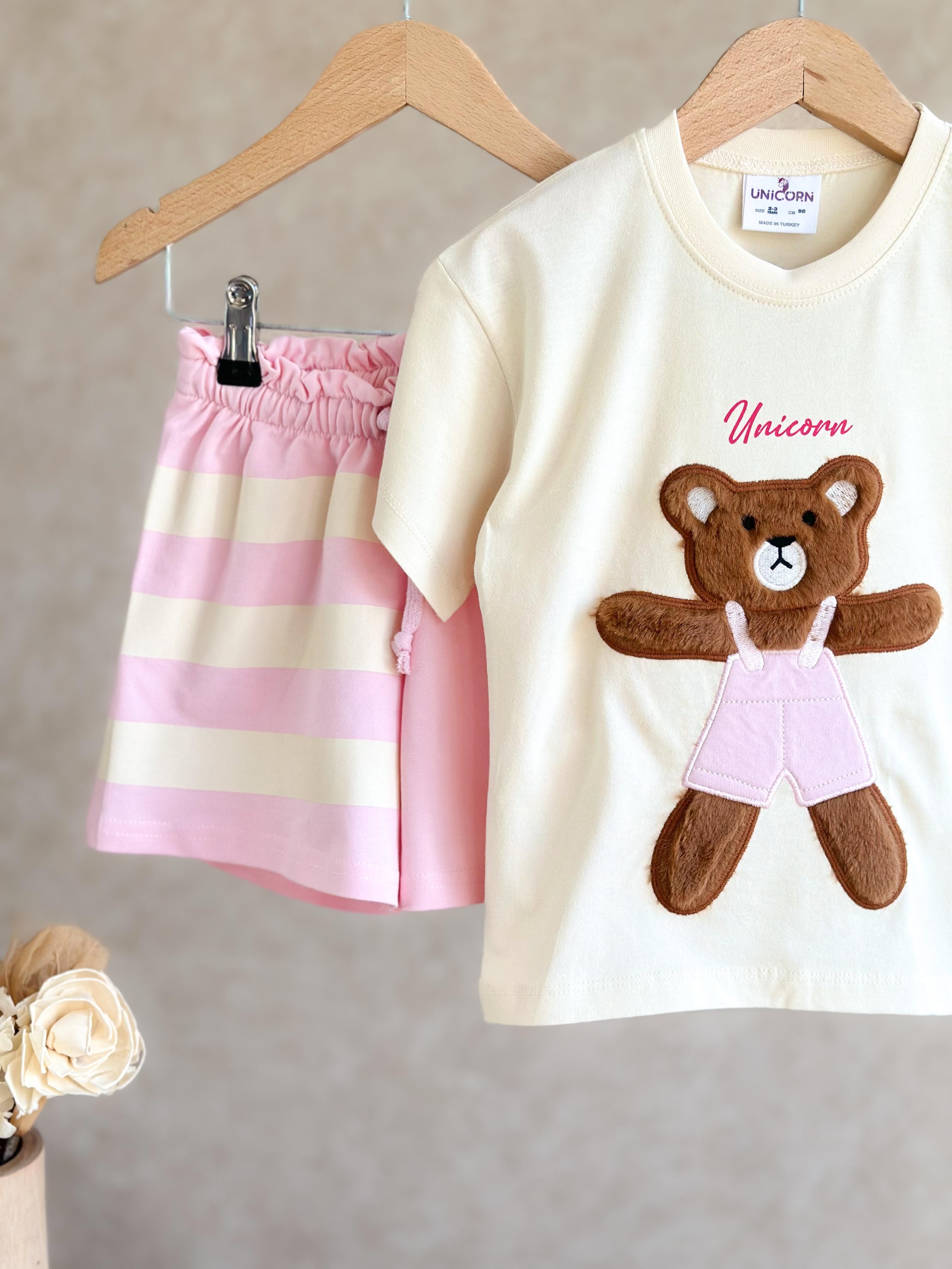 TEDDY BEAR Peluş Detay T-Shirt ve Şort Takım-Pembe