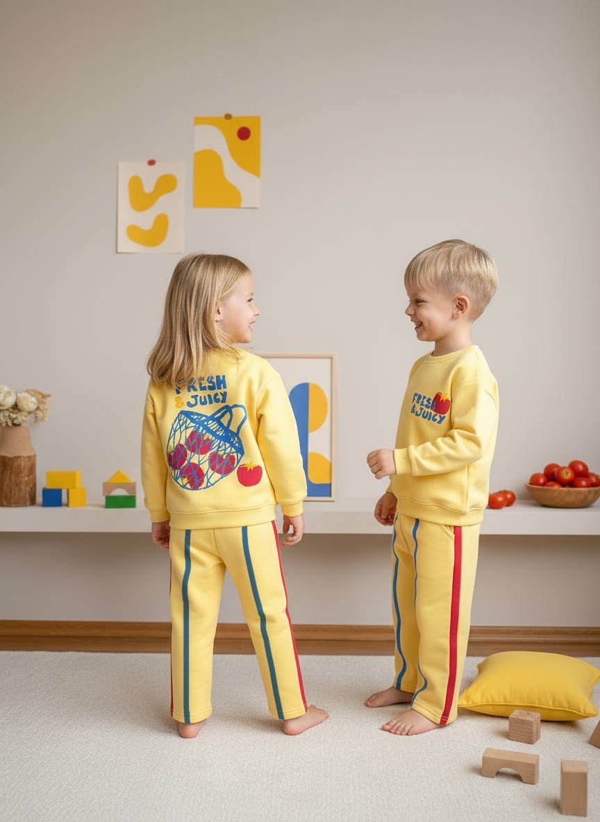 FRESH & JUİCY BASKILI Sweatshirt ve 3 İplik Alt Eşofman Takım-Sarı
