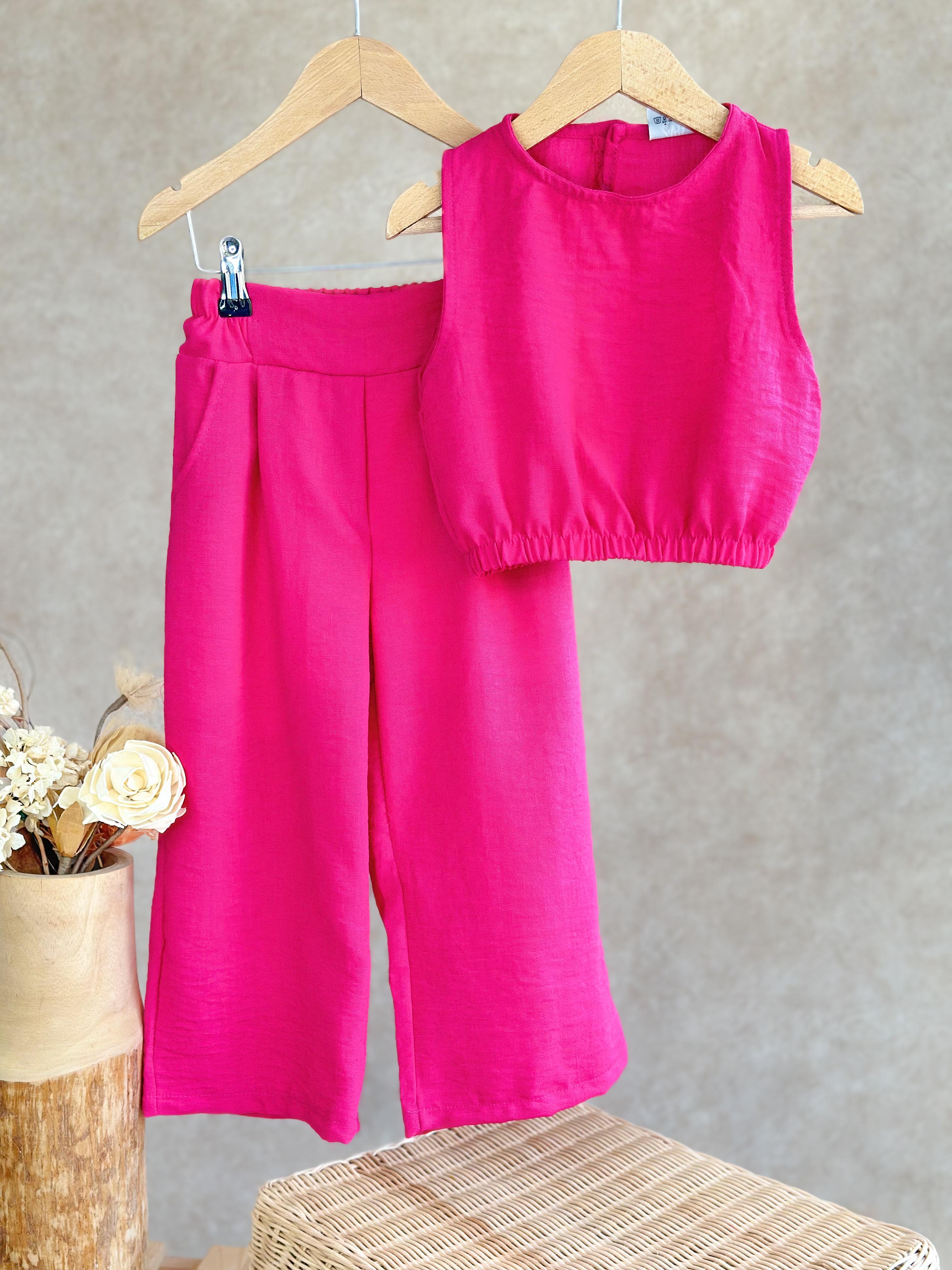 Crop Üst ve Pantolon Takım-Fuşya