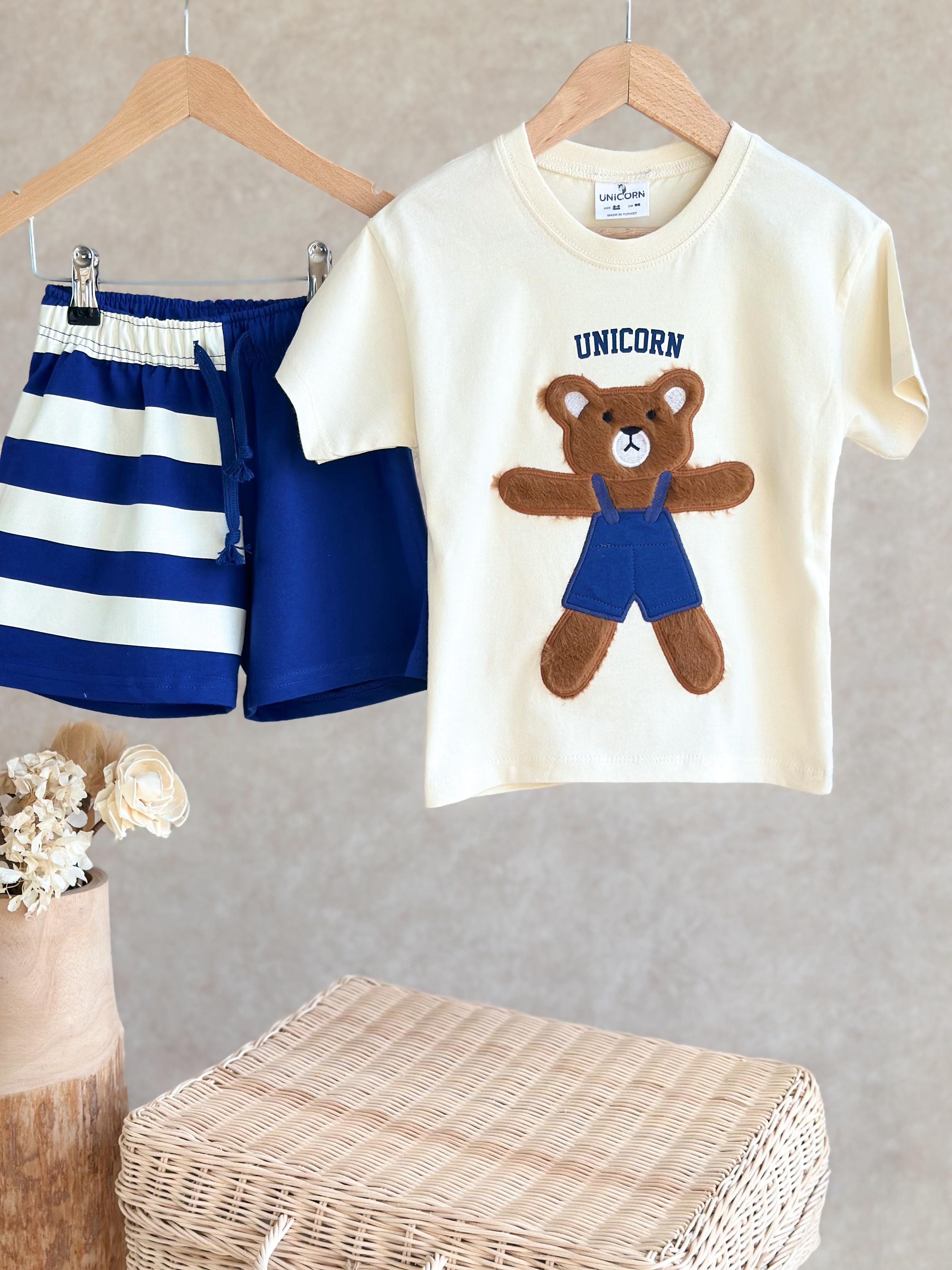 TEDDY BEAR Peluş Detay T-Shirt ve Şort Takım-Mavi