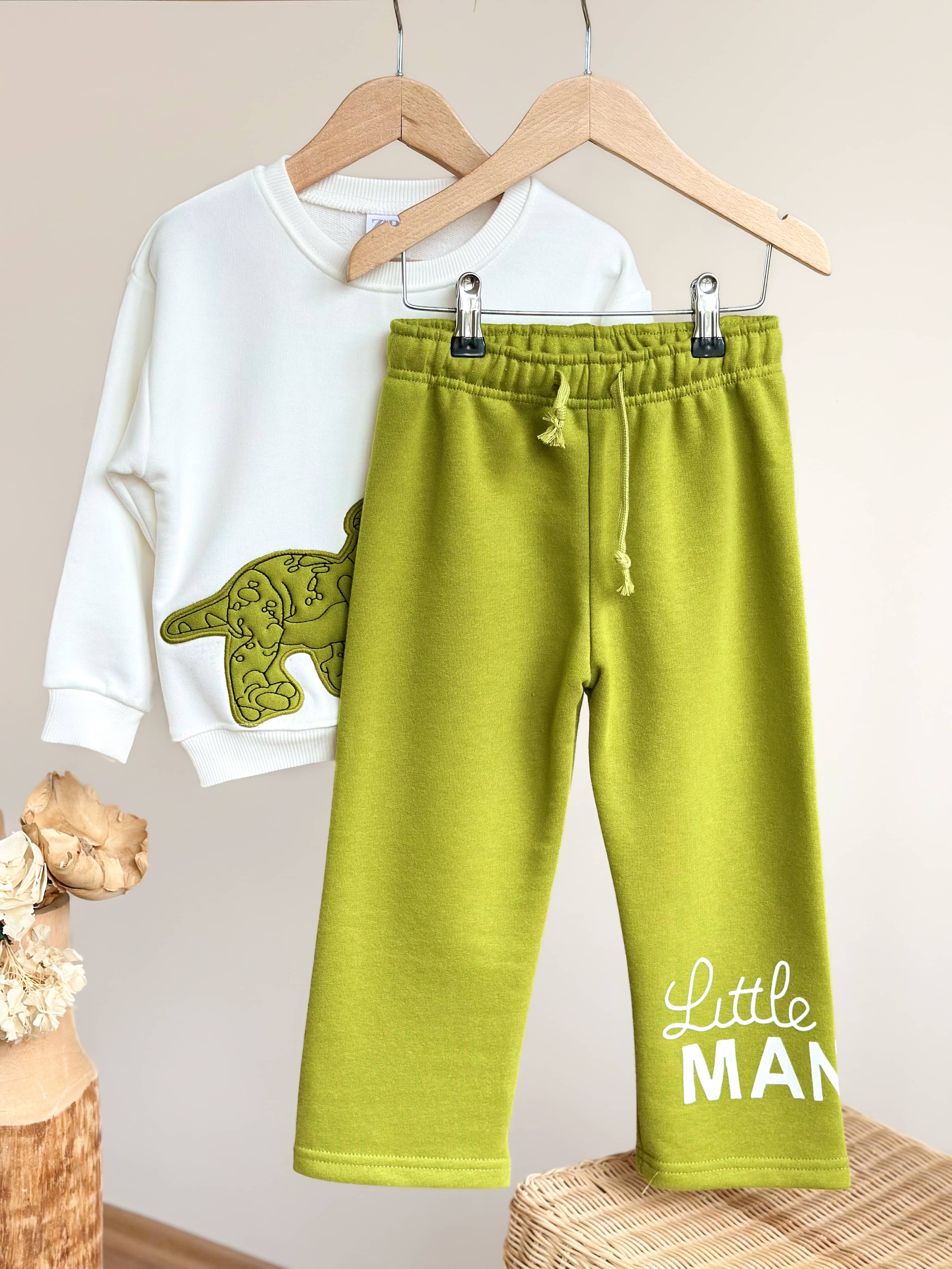DİNASOUR LİTTLE MAN Nakış Aplike Detaylı Sweatshirt ve Eşofman Takım 