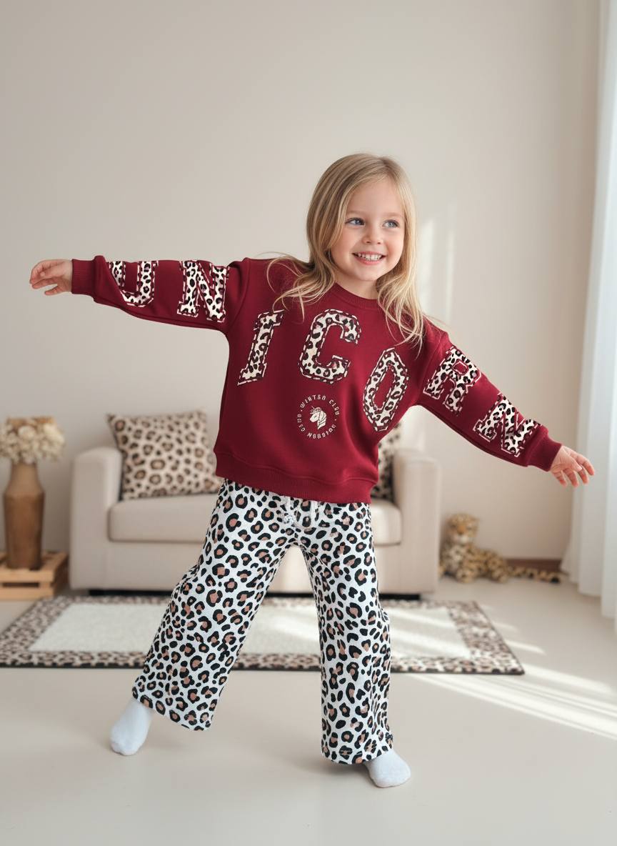 UNICORN WINTER Kol Yazı Detaylı Sweatshirt ve 3 İplik Leopar Baskılı Eşofman Takım 