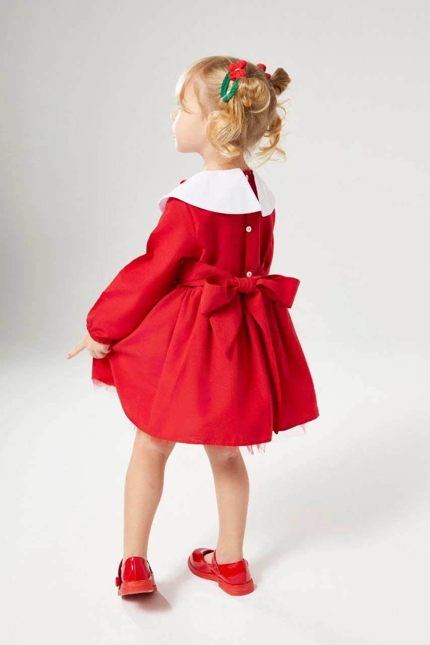 Nakış Yaka Kırmızı Kız Çocuk Elbisesi