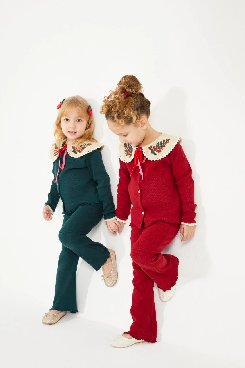 Yılbaşı Nakış Detaylı Triko Kız Çocuk Hırka ve Tayt Takım-Petrol Yeşili