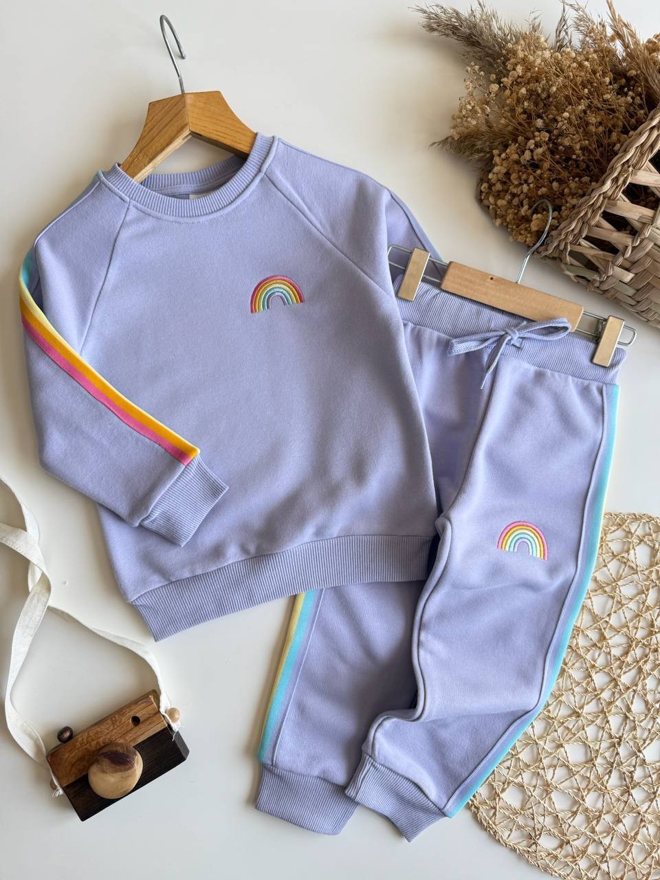 Gökkuşağı Nakışlı Sweatshirt ve Eşofman Takım-Lavanta