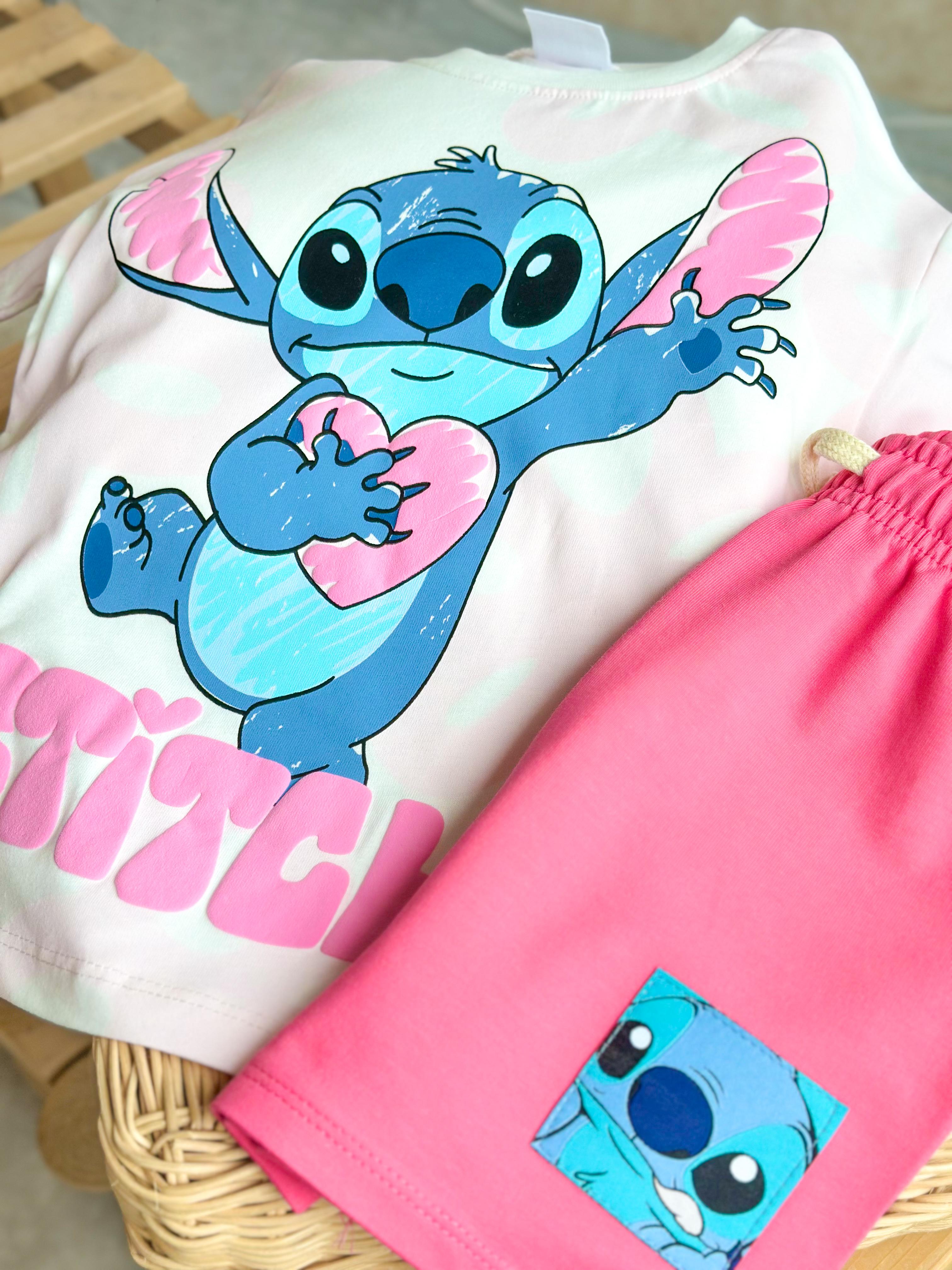 STITCH Kabartma Baskılı T-Shirt ve Şort Takım