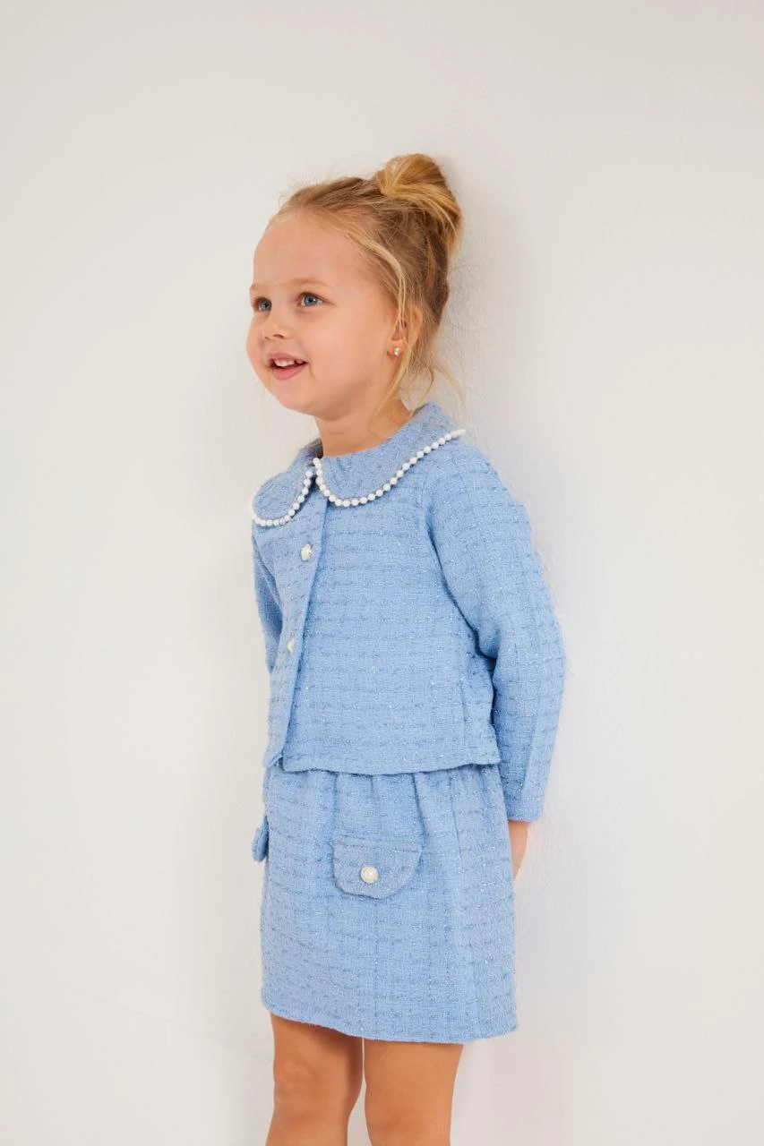 İnci Detaylı Tüvit Kız Çocuk Takım-Mavi