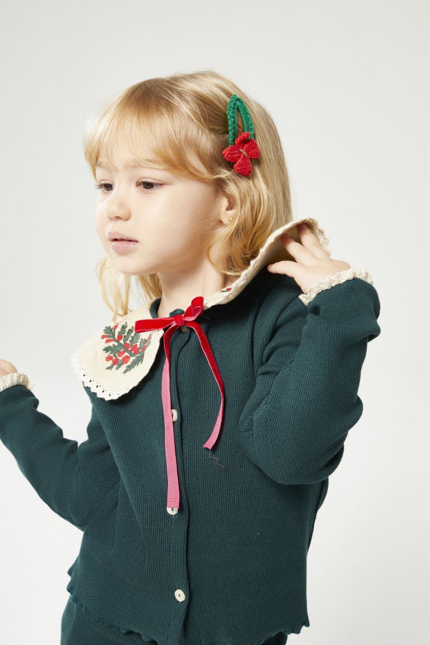 Yılbaşı Nakış Detaylı Triko Kız Çocuk Hırka ve Tayt Takım-Petrol Yeşili