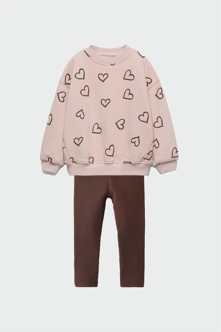 Kalp Baskılı Sweatshirt ve Ribana Tayt Takım