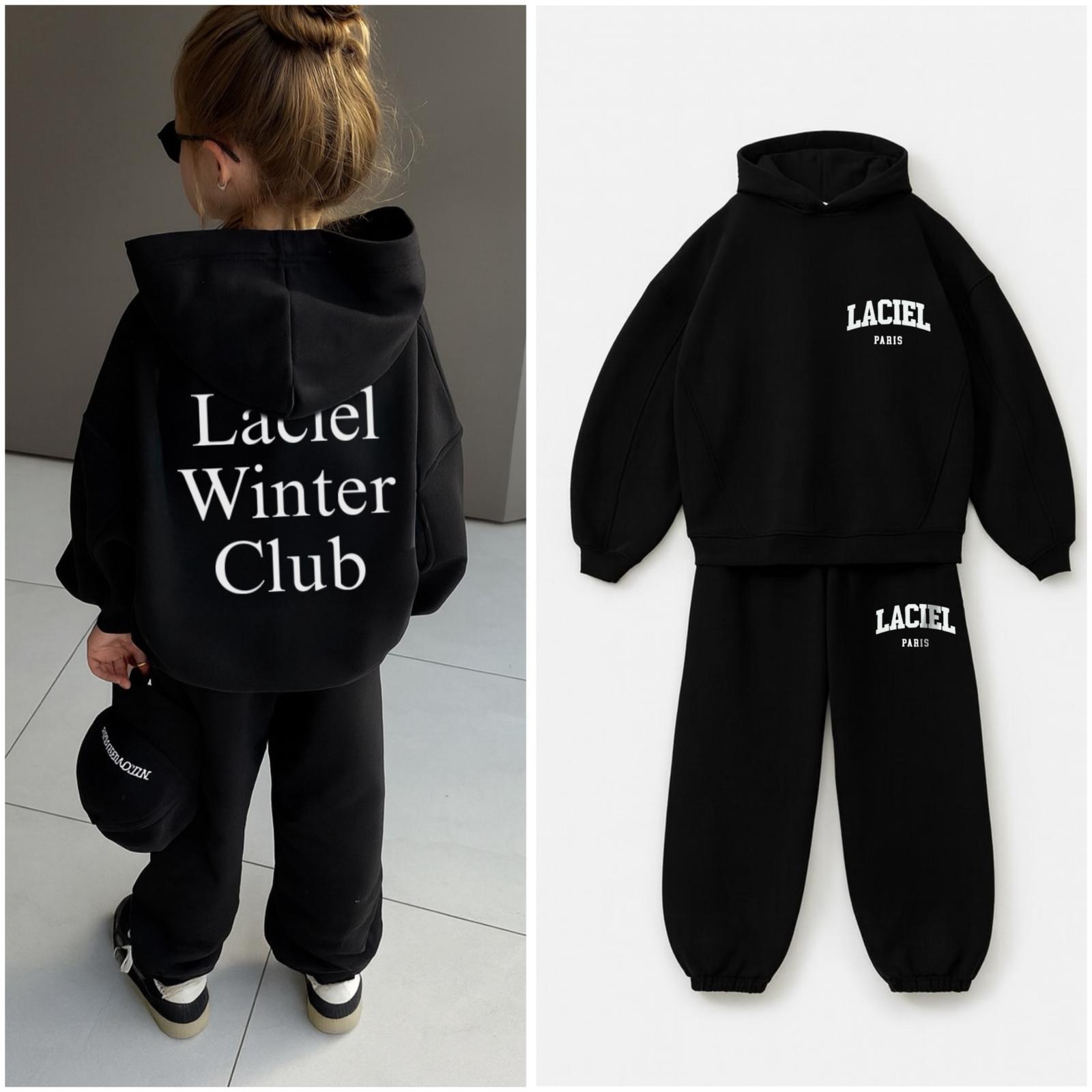 Winter Club Baskılı Kapüşonlu Sweatshirt ve Eşofman Takım-Siyah