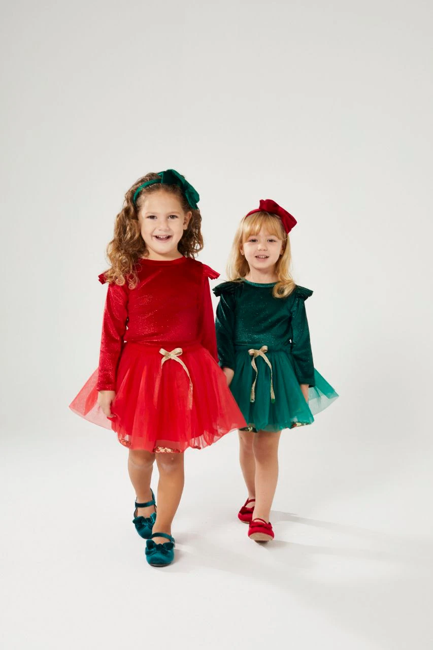 Kırmızı Kadife Bluz ve Pul Detaylı Tütü Etek Takım