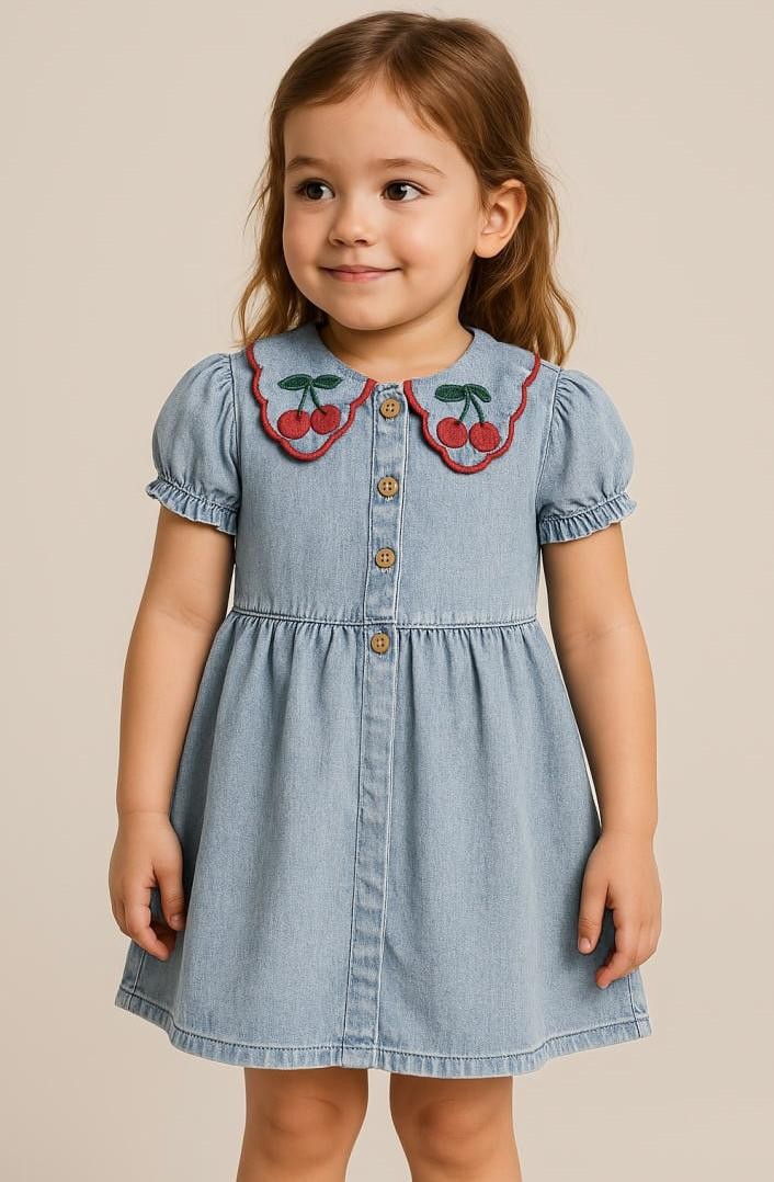 Kiraz Nakışlı Denim Elbise