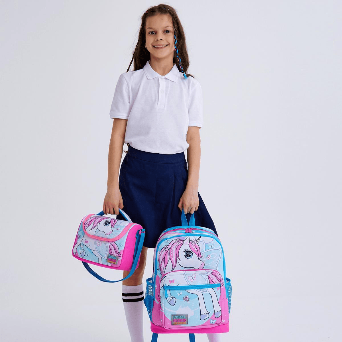 Coral High Mavi Pembe Unicorn Desenli 3'lü Okul Çanta Seti