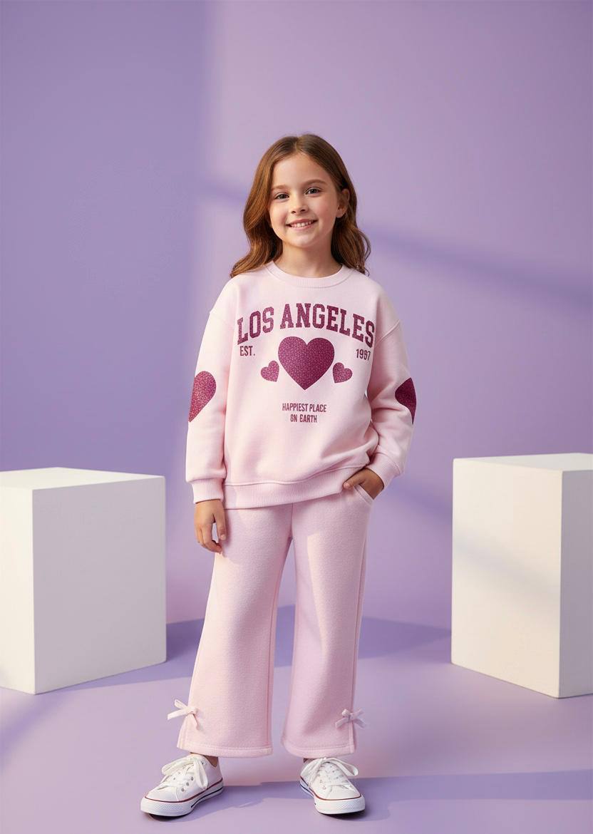 Kalp Baskılı Sweatshirt ve Fiyonk Detay Eşofman Takım