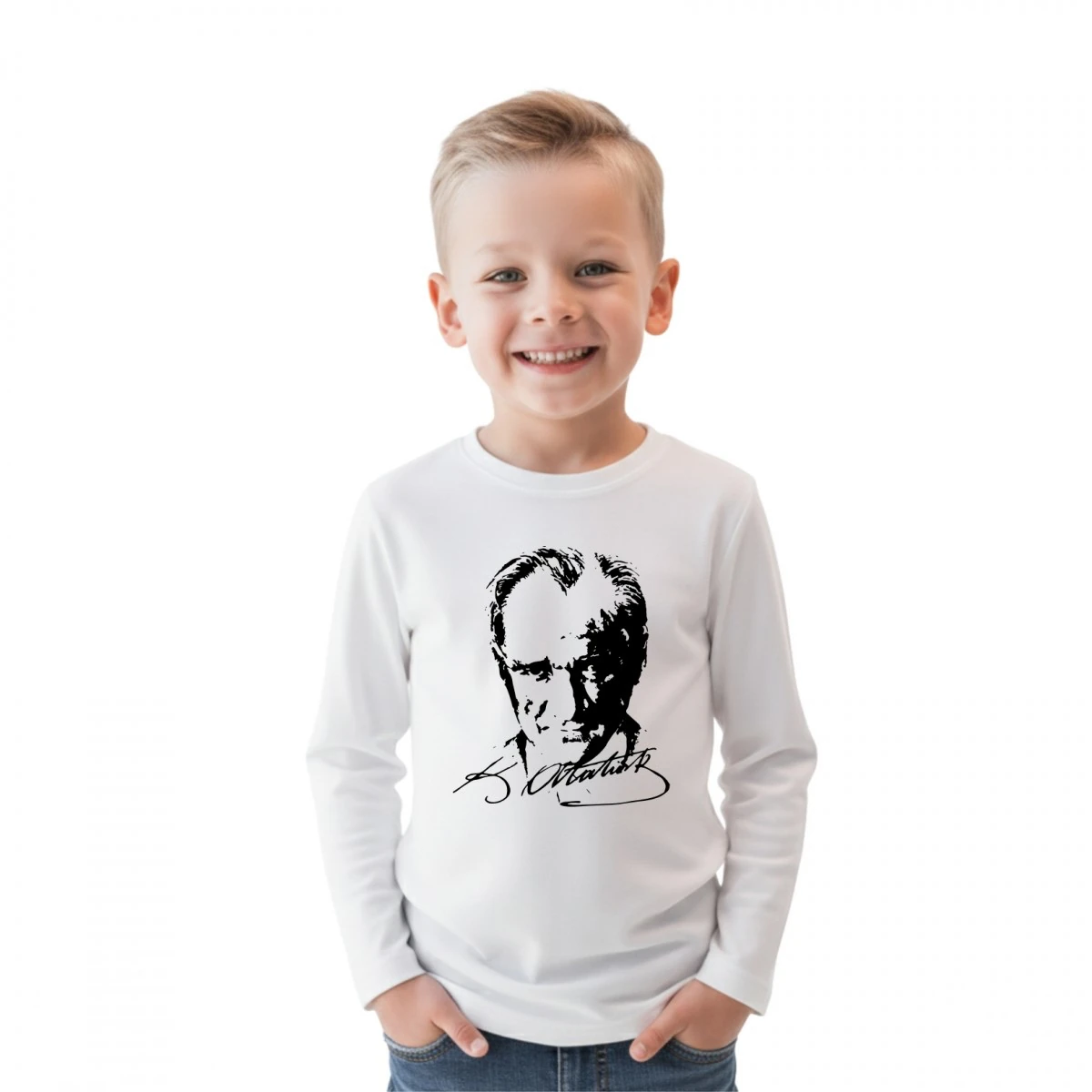 ATATÜRK Baskılı Uzun Kollu Tshirt - Unisex - Beyaz