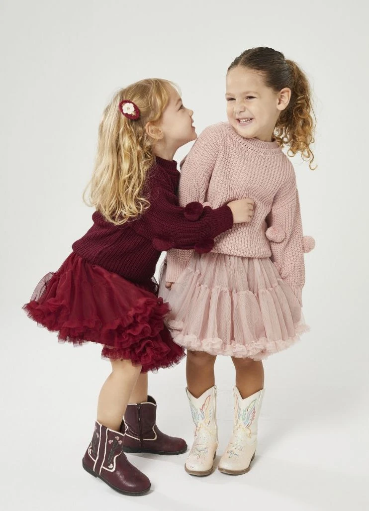 Ponponlu Triko ve Katkat Tül Etek-Bordo