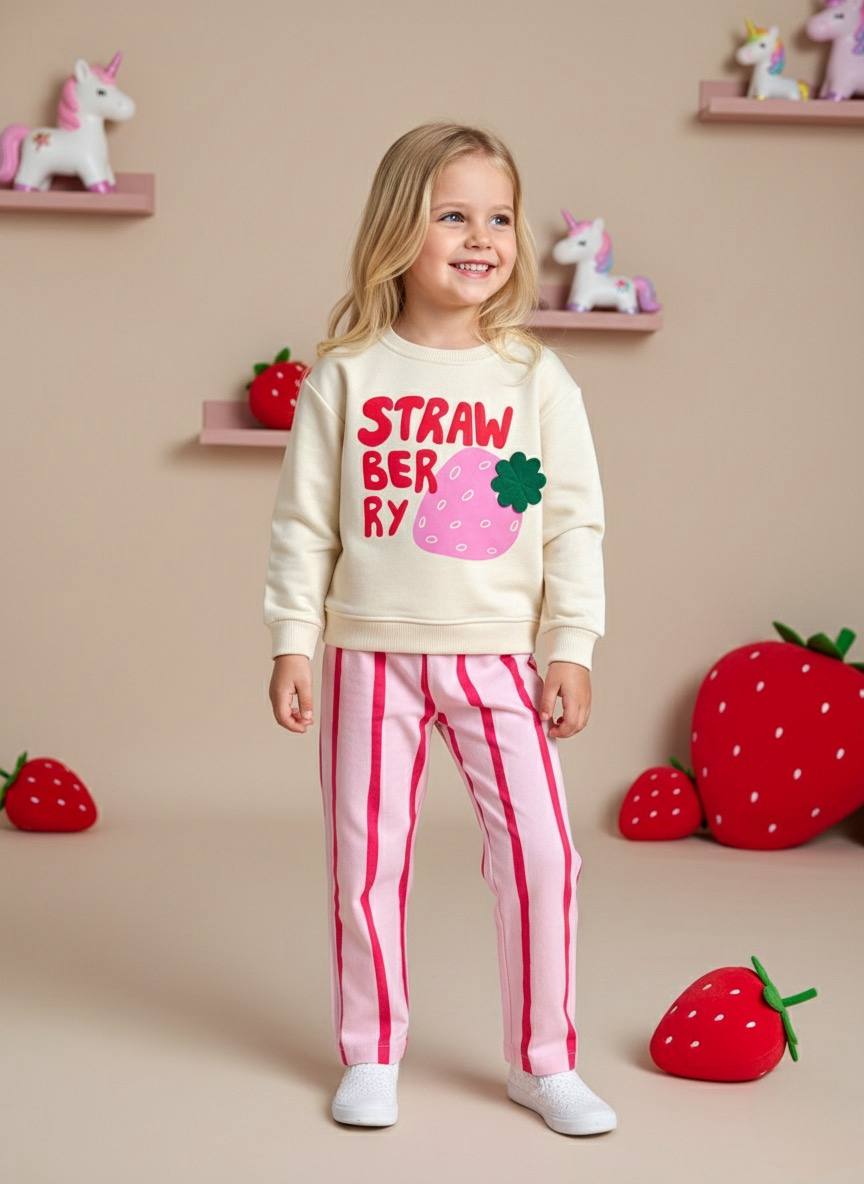 STRAWBERRY 3 Boyutlu Sweatshirt ve Dokuma Pantolon Kız Çocuk Takımı
