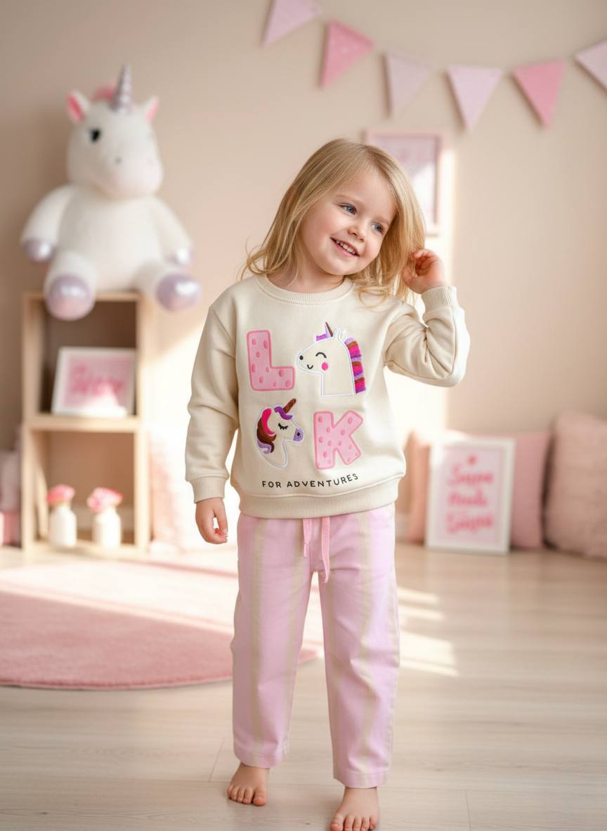MİNİK UNICORNLAR Sevimli Süzene Nakış Detaylı Sweatshirt ve Dokuma Pantolon Takım