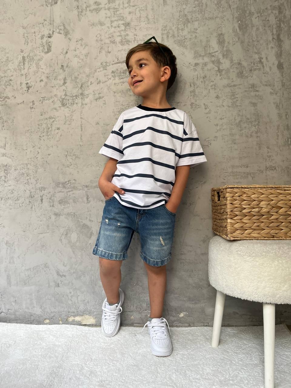 Denim Şortlu Erkek Çocuk Takım – Marine Çizgi