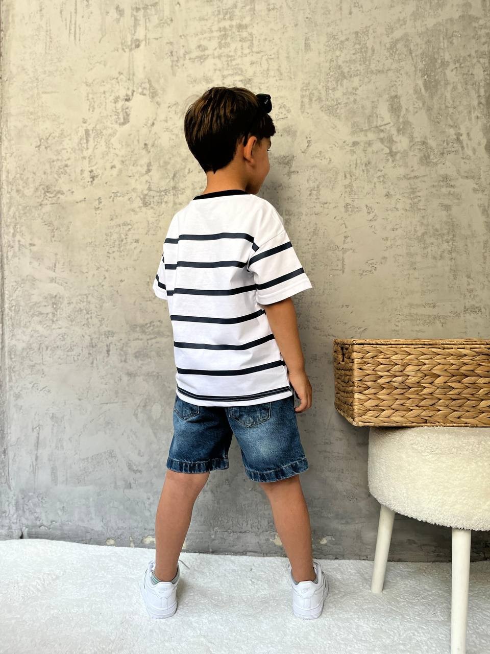 Denim Şortlu Erkek Çocuk Takım – Marine Çizgi