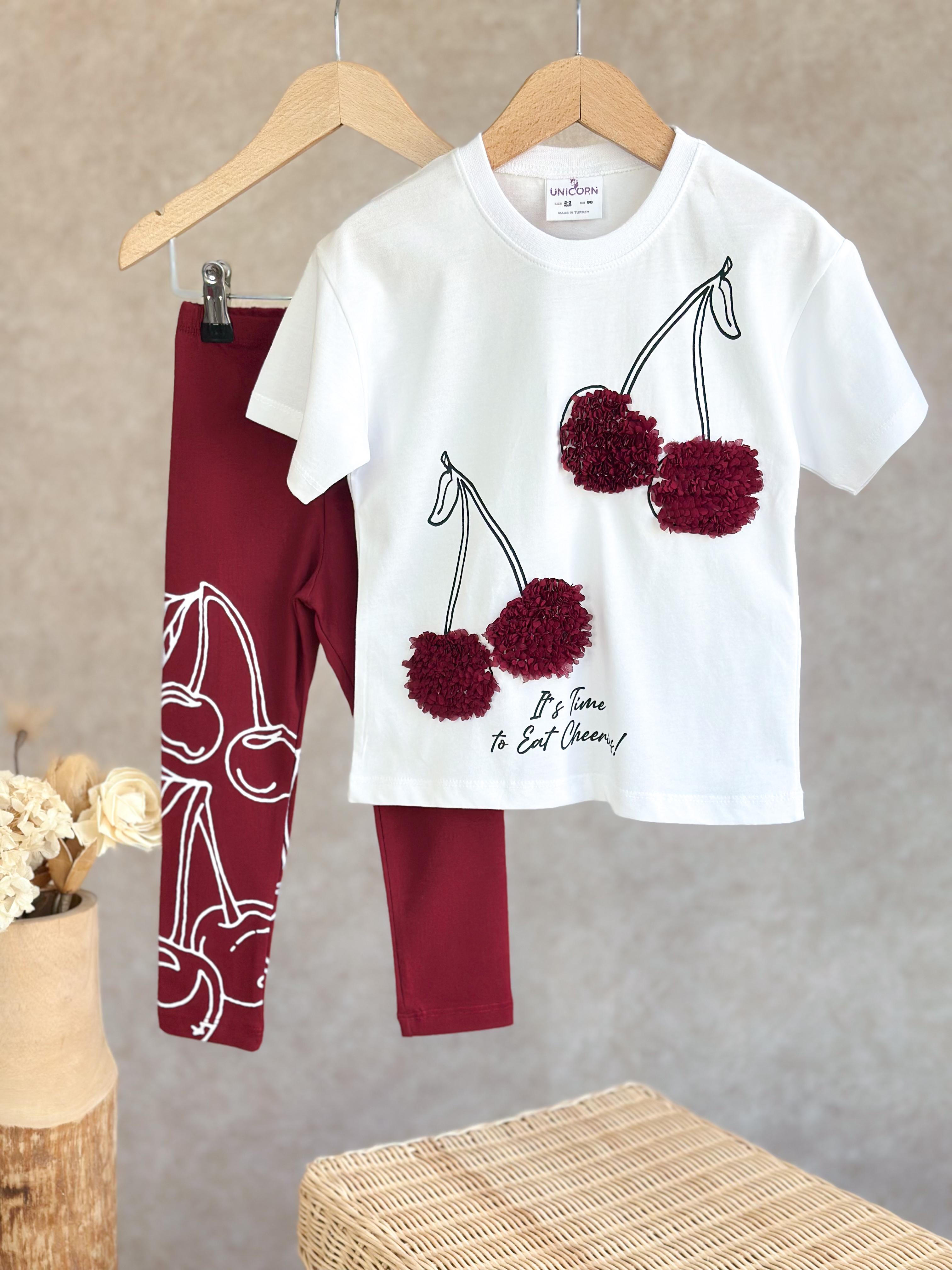 RED CHERRY 3D Nakış Detay T-Shirt ve Tayt Takım