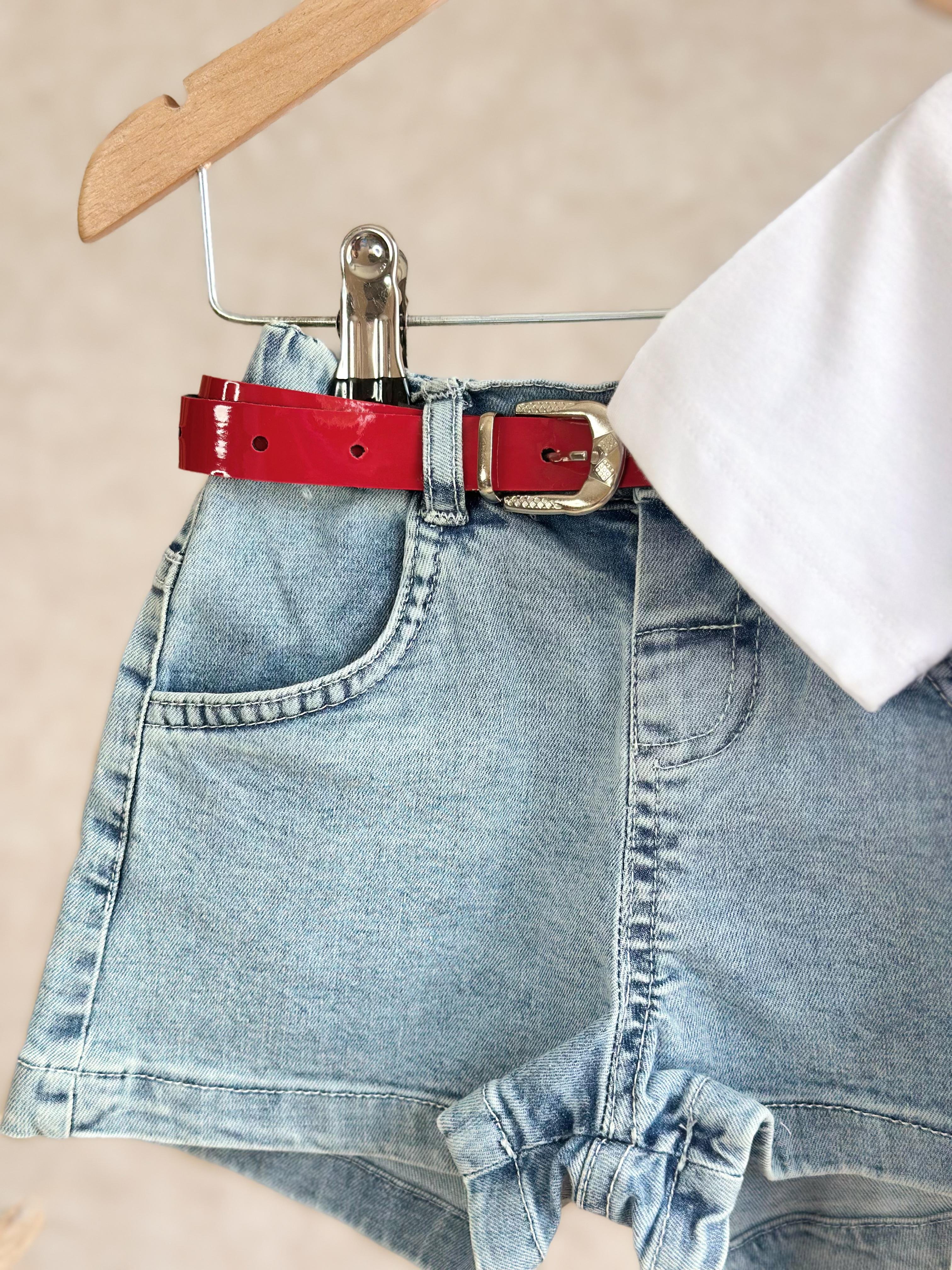 Fiyonk Detay T-Shirt ve Kemerli Kot Şort Takım-RUGAN ÇANTA HEDİYELİ