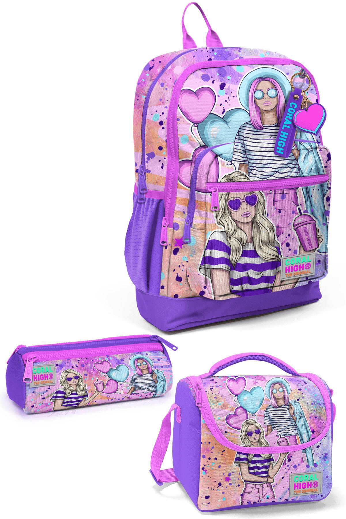 Coral High Pembe Mor Fashion Girl Desenli 3'lü Okul Çanta Seti