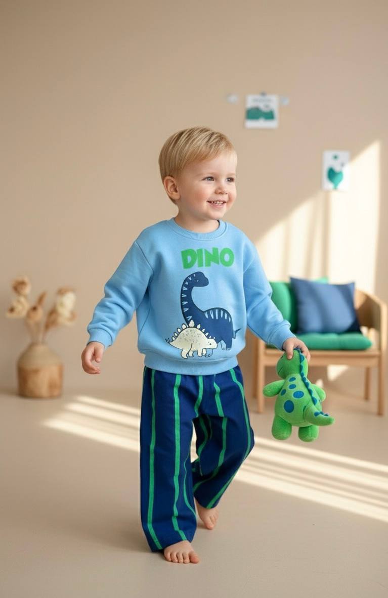 MİNİ DİNO Sweatshirt ve Dokuma Pantolon Takım