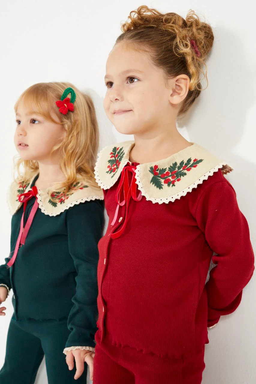 Yılbaşı Nakış Detaylı Triko Kız Çocuk Hırka ve Tayt Takım-Kırmızı