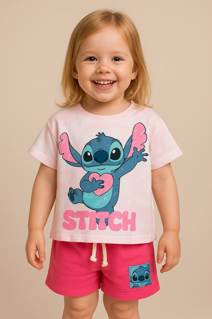STITCH Kabartma Baskılı T-Shirt ve Şort Takım