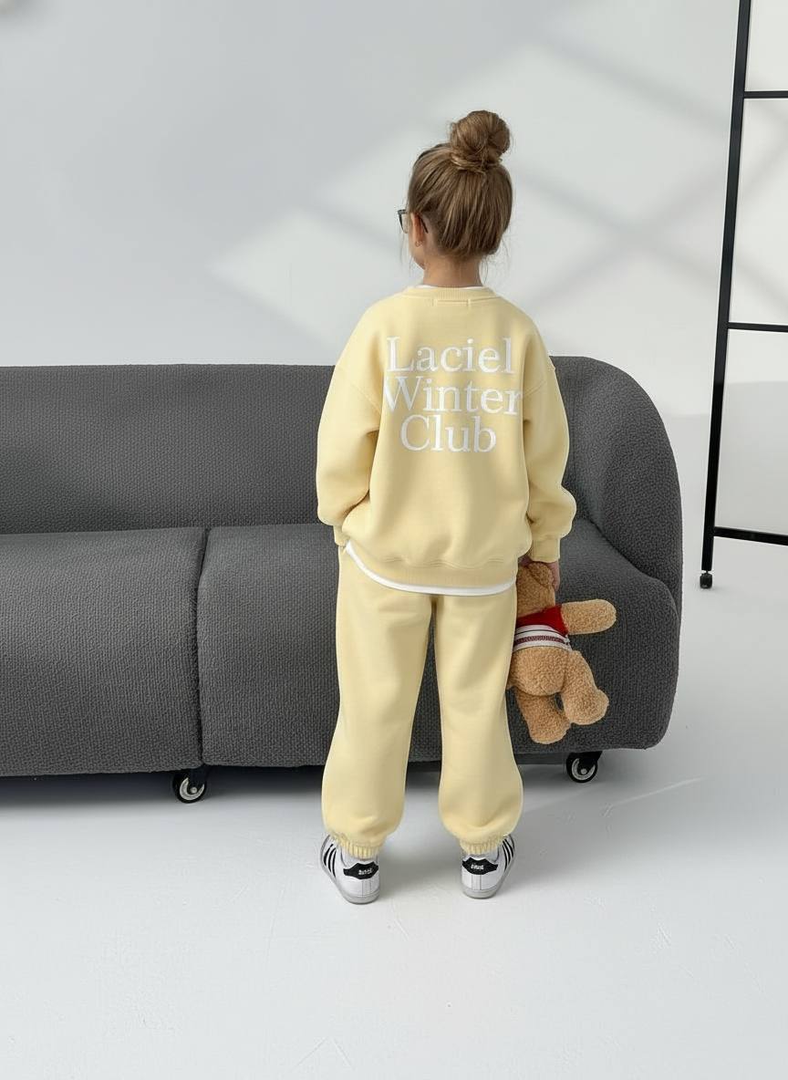 Unisex 3 İplik Sweatshirt ve Eşofman Altı Takım-Sarı