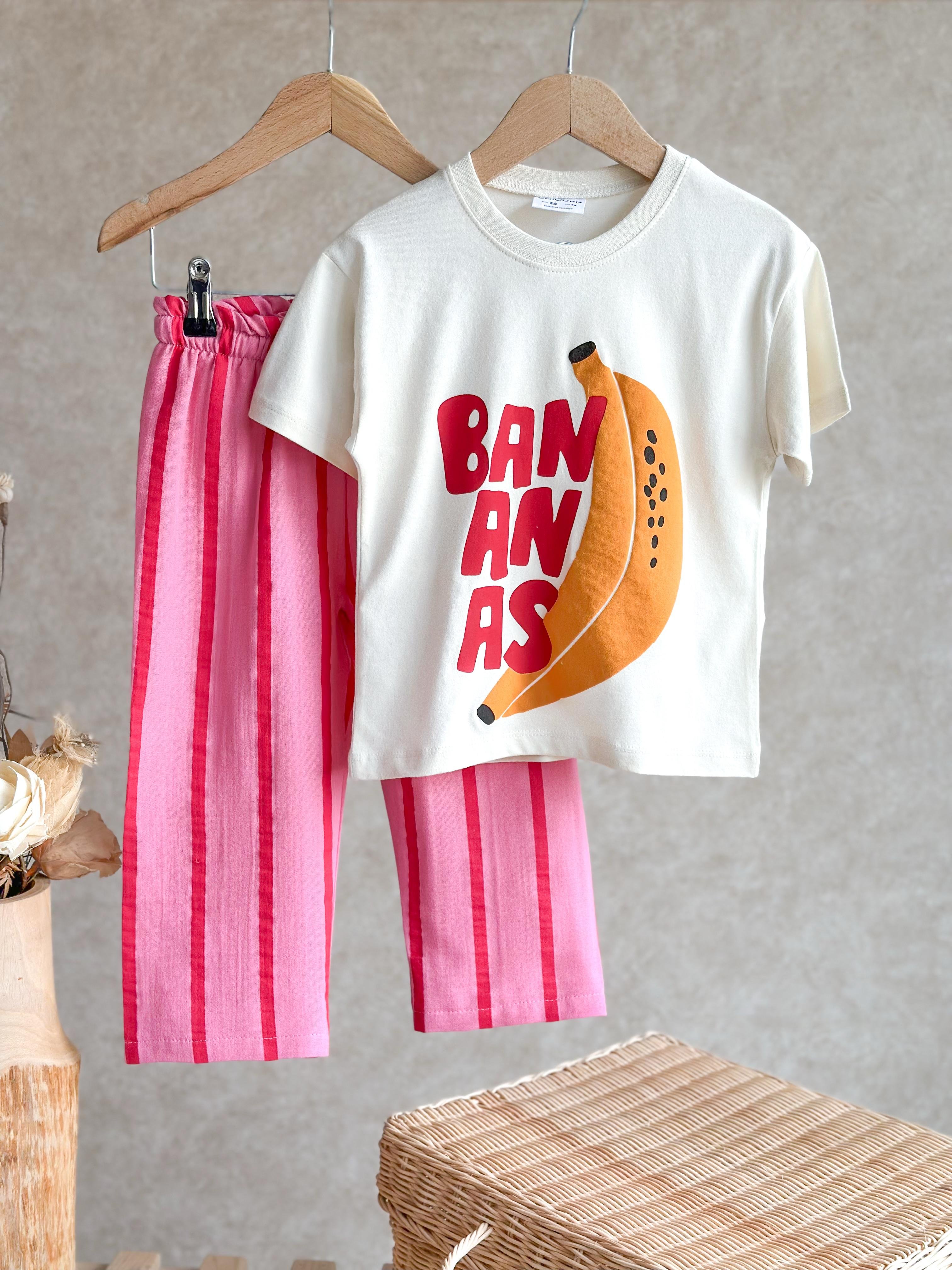 BANANA Kabartma Baskılı 3D T-Shirt ve Müslin Pantolon Takım