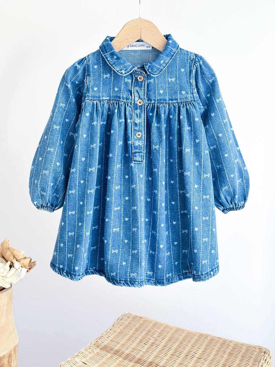 BLUE DREAMS Lazer Fiyonk Baskılı Yumuşak Dokulu Denim Elbise